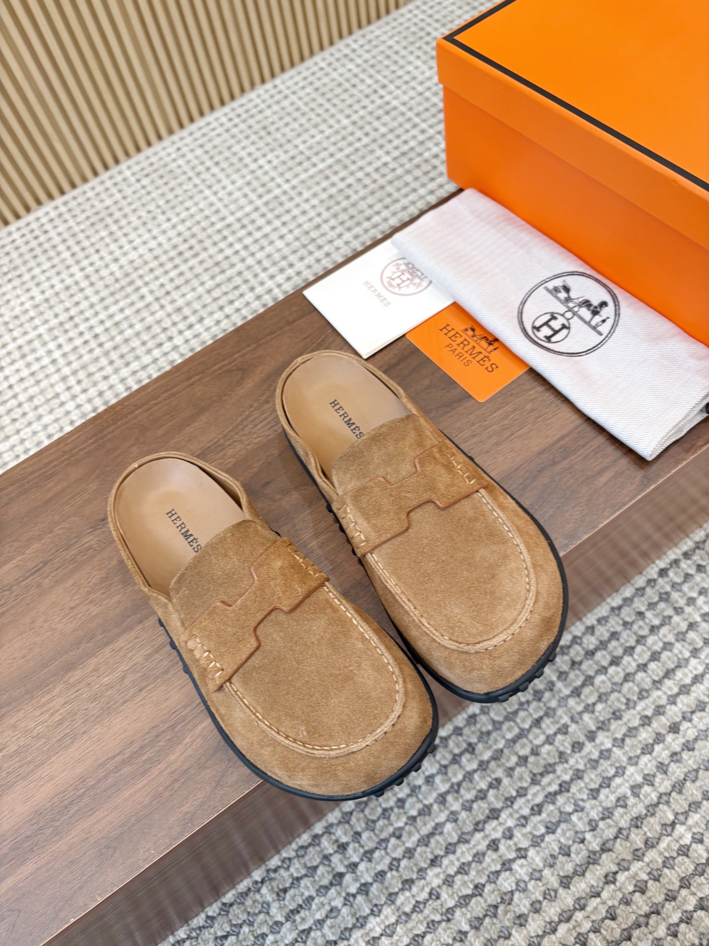 Hermès Brun Fumé H Cut-Out Suede Leather Go Loafer Mules - KAIROO