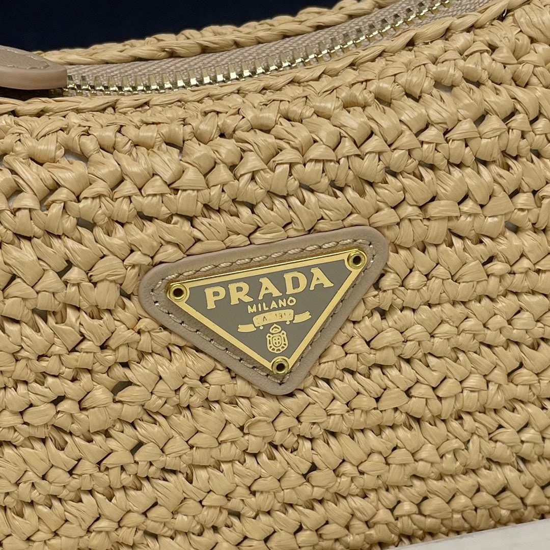 Prada  WOVEN HOBO BAG 23 IN BEIGE RAFFIA GOLD HARDWARE TRIANGLE LOGO