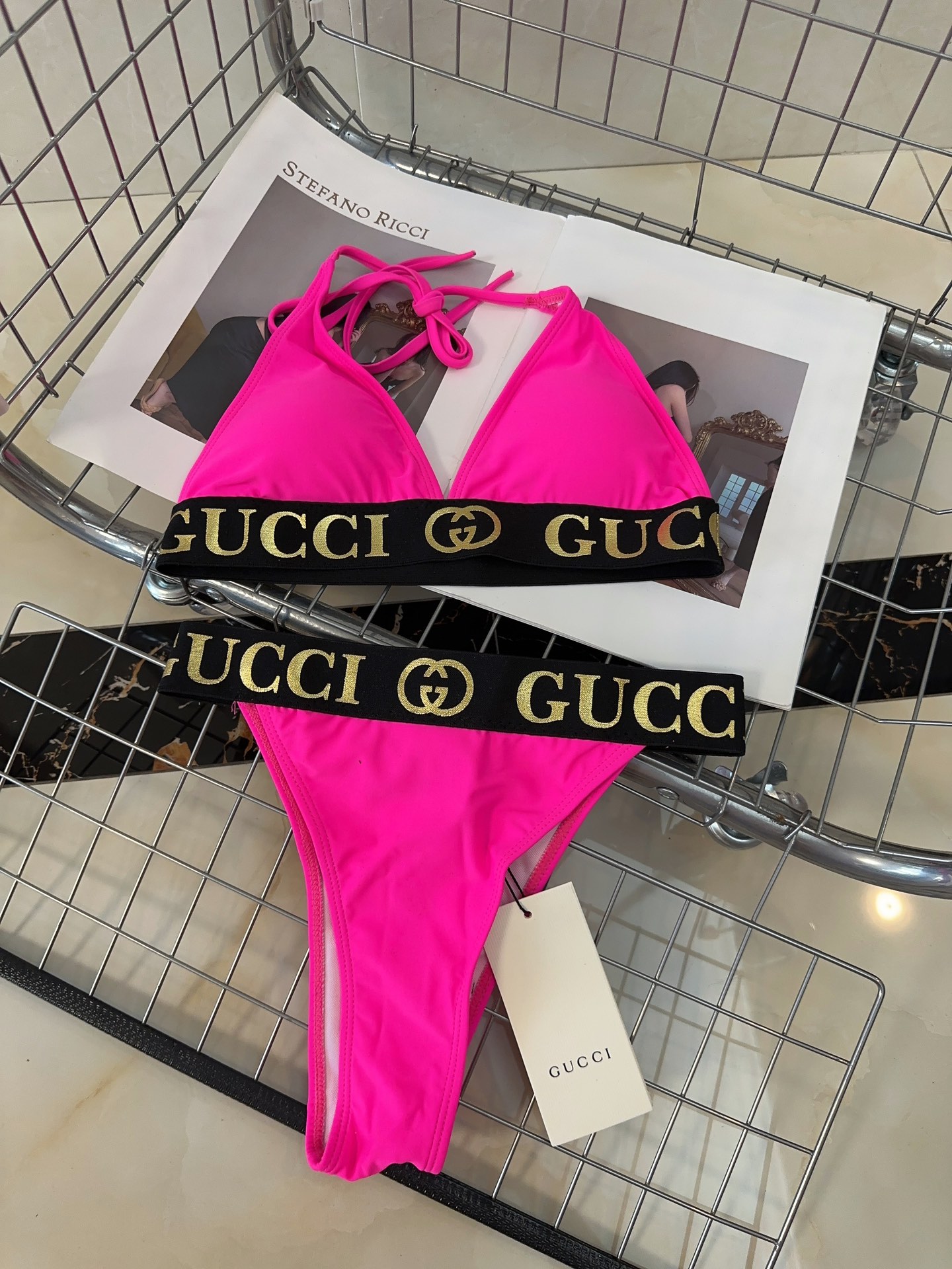 Gucci Neon Pink GG Big Logo Tape Triangle Bikini Two-Piece Swimwear - KAIROO