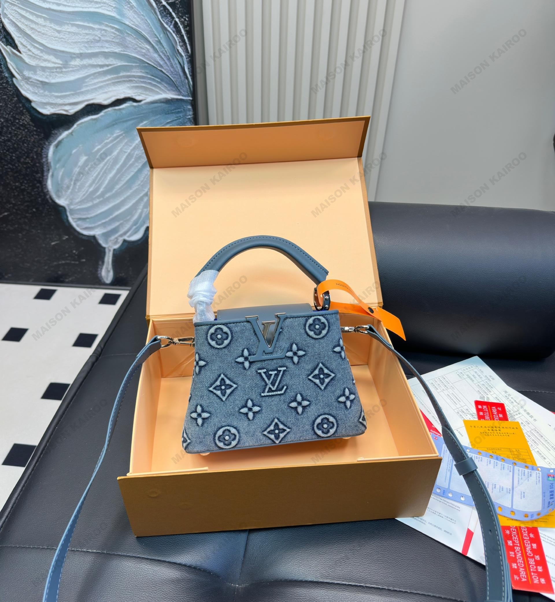 Louis Vuitton LV Capucines BB/Mini Blue Monogram Jacquard Denim Leather Tone Logo Top Handle Bag - KAIROO