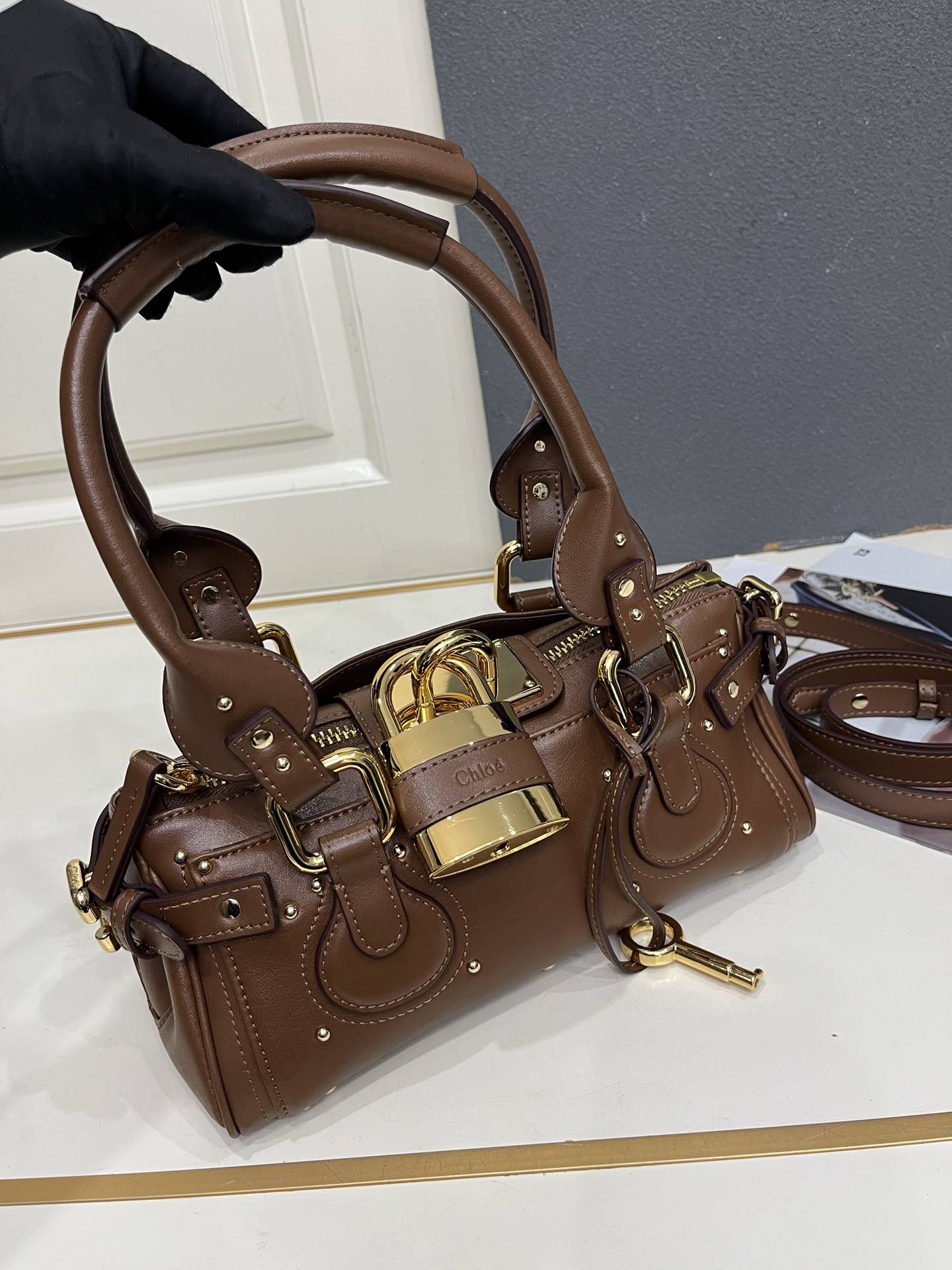 Chloe Paddington Brown Mini Oversized Rivet Padlock Key Smooth Leather Hobo Top Handle Bag - KAIROO