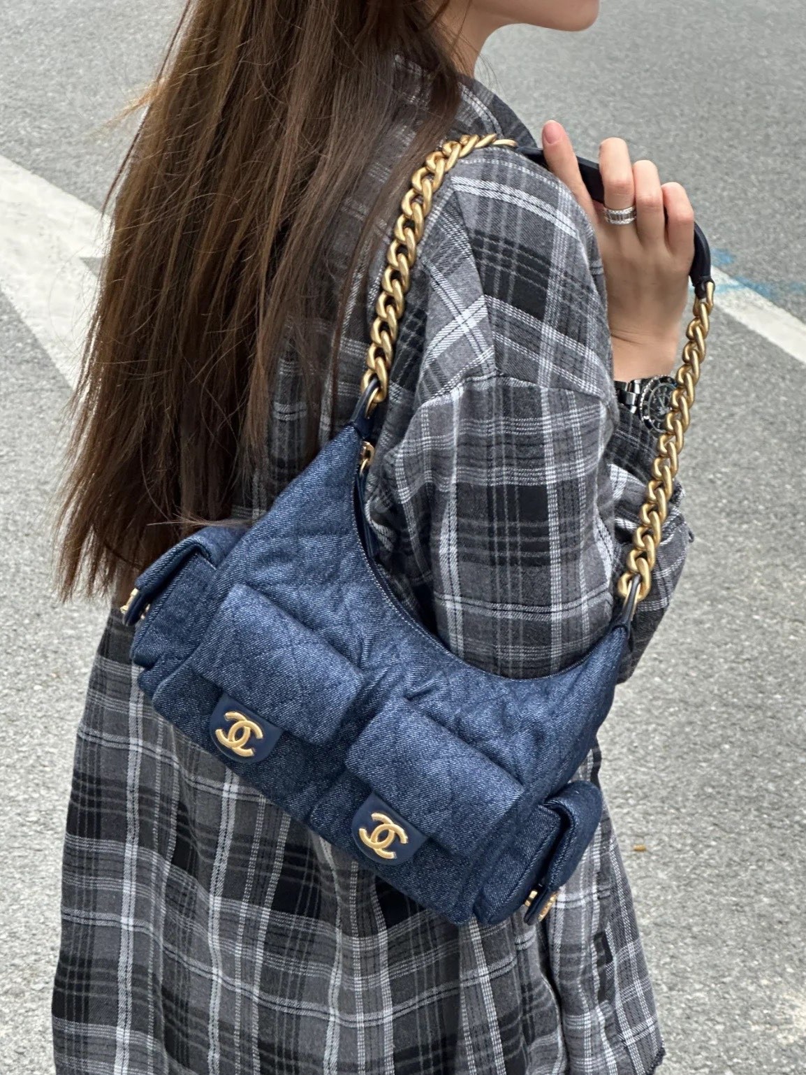 Chanel 25C Hobo Diamond Quilted Denim Multi-Pocket Gold Chain Shoulder Bag - KAIROO