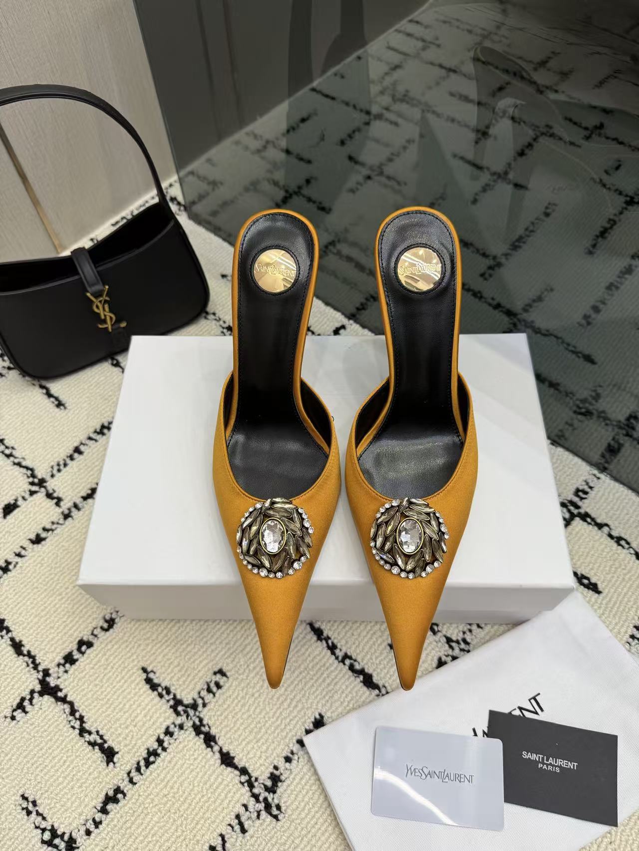 Saint Laurent YSL Mustard Yellow Pointed Toe Satin Crystal Brooch Stiletto Heel Mules Sandals - KAIROO