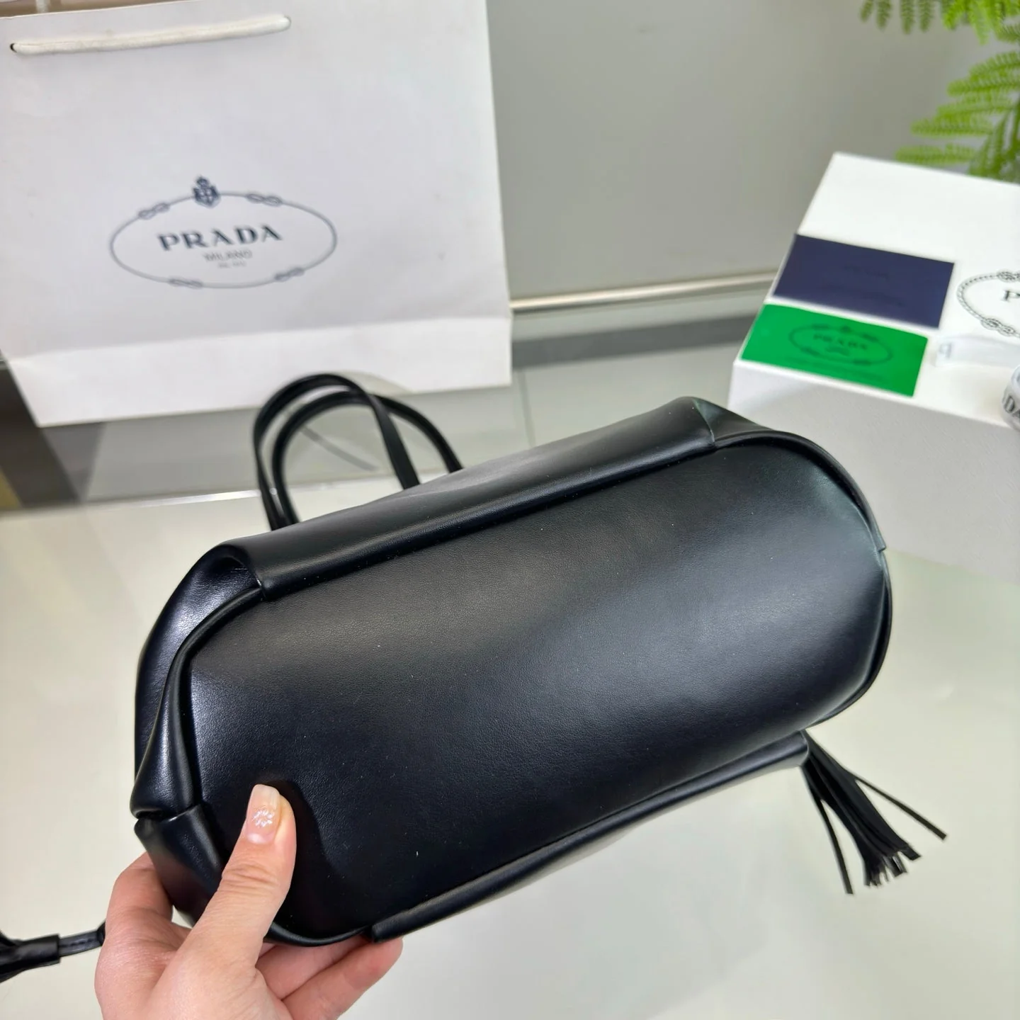 Prada DRAWSTRING BUCKET BAG 25 IN BLACK SOFT LAMBSKIN
