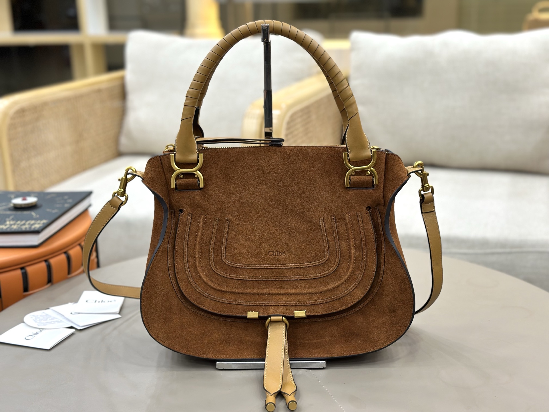 Chloe Small Marcie Bag in Suede Leather-Brown