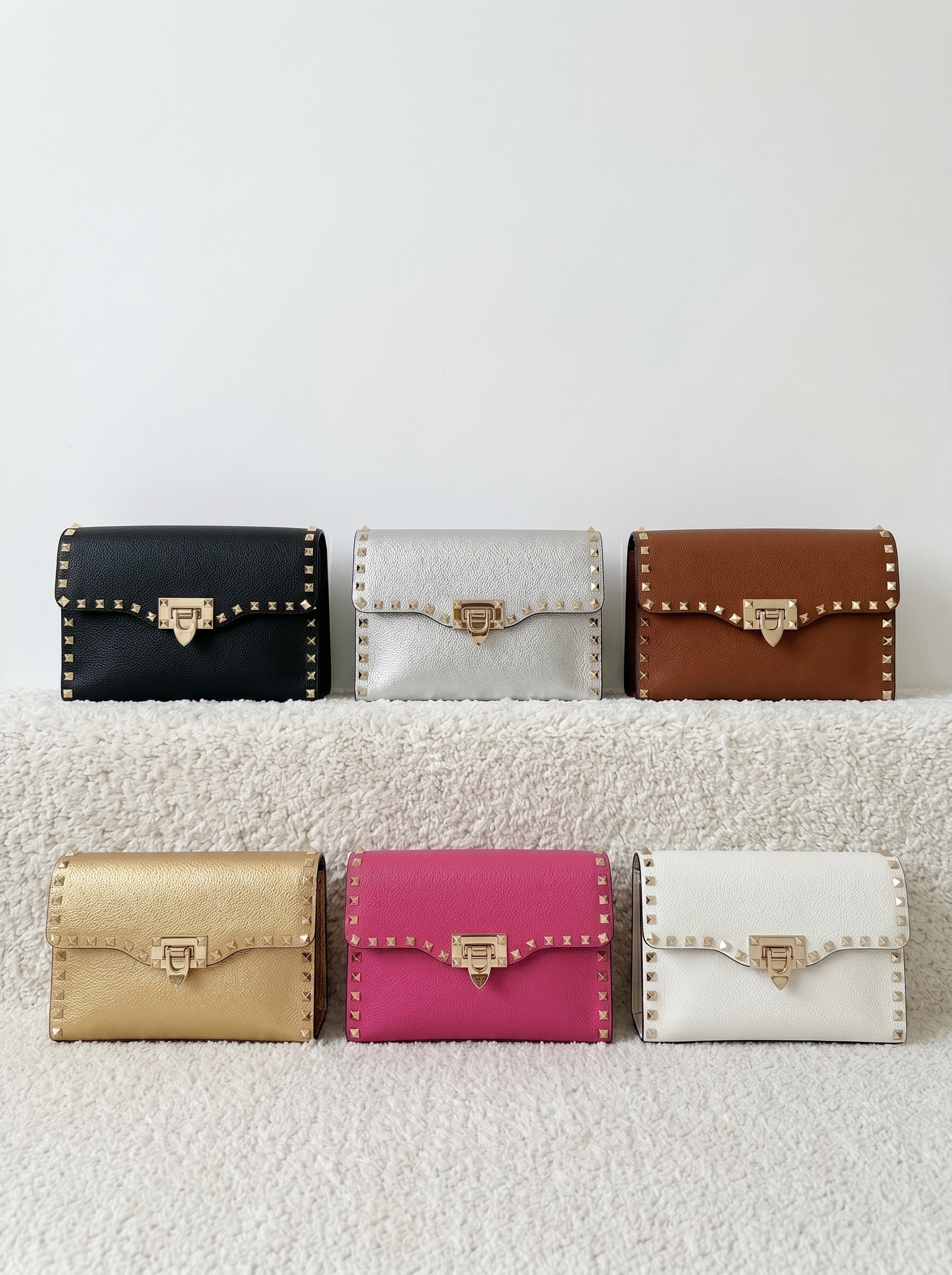 Valentino Grained Leather Gold-tone Rockstud Trim Studded Gold Flap Envelope Crossbody Bag - KAIROO