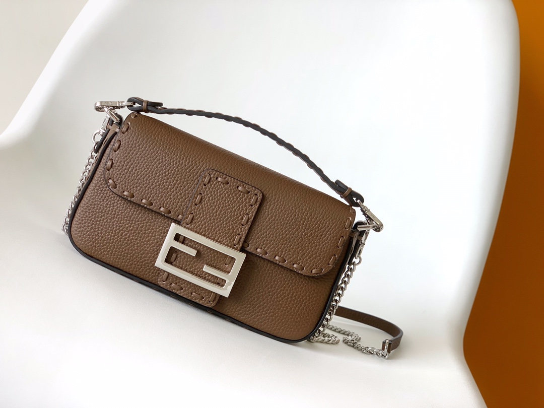 Fendi Mini Selleria Baguette Leather Bag-Dark brown