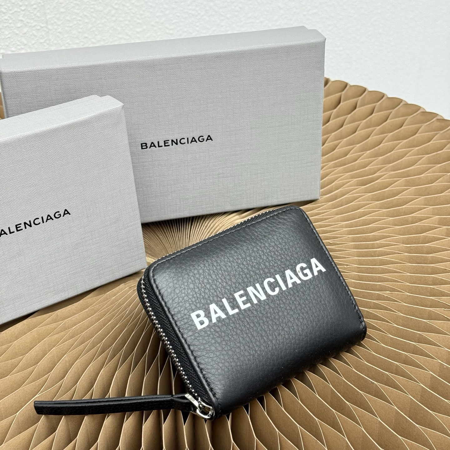 Balenciaga Everyday Black Printed Logo Grained Leather Zip Around Coin Card Case Short Wallet - KAIROO
