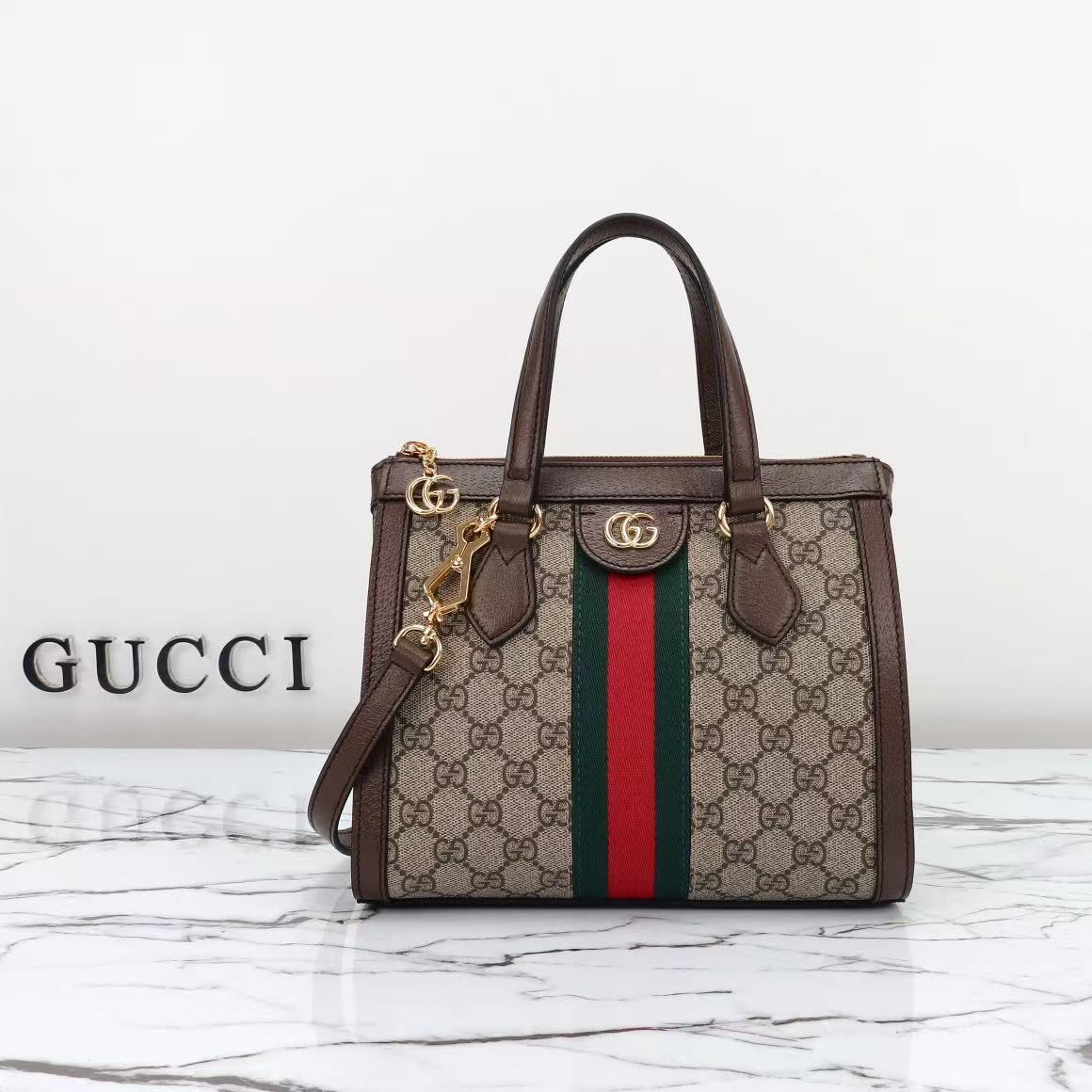 Gucci GG Monogram Web Strap Leather Trim Handle Crossbody Tote Bag - KAIROO