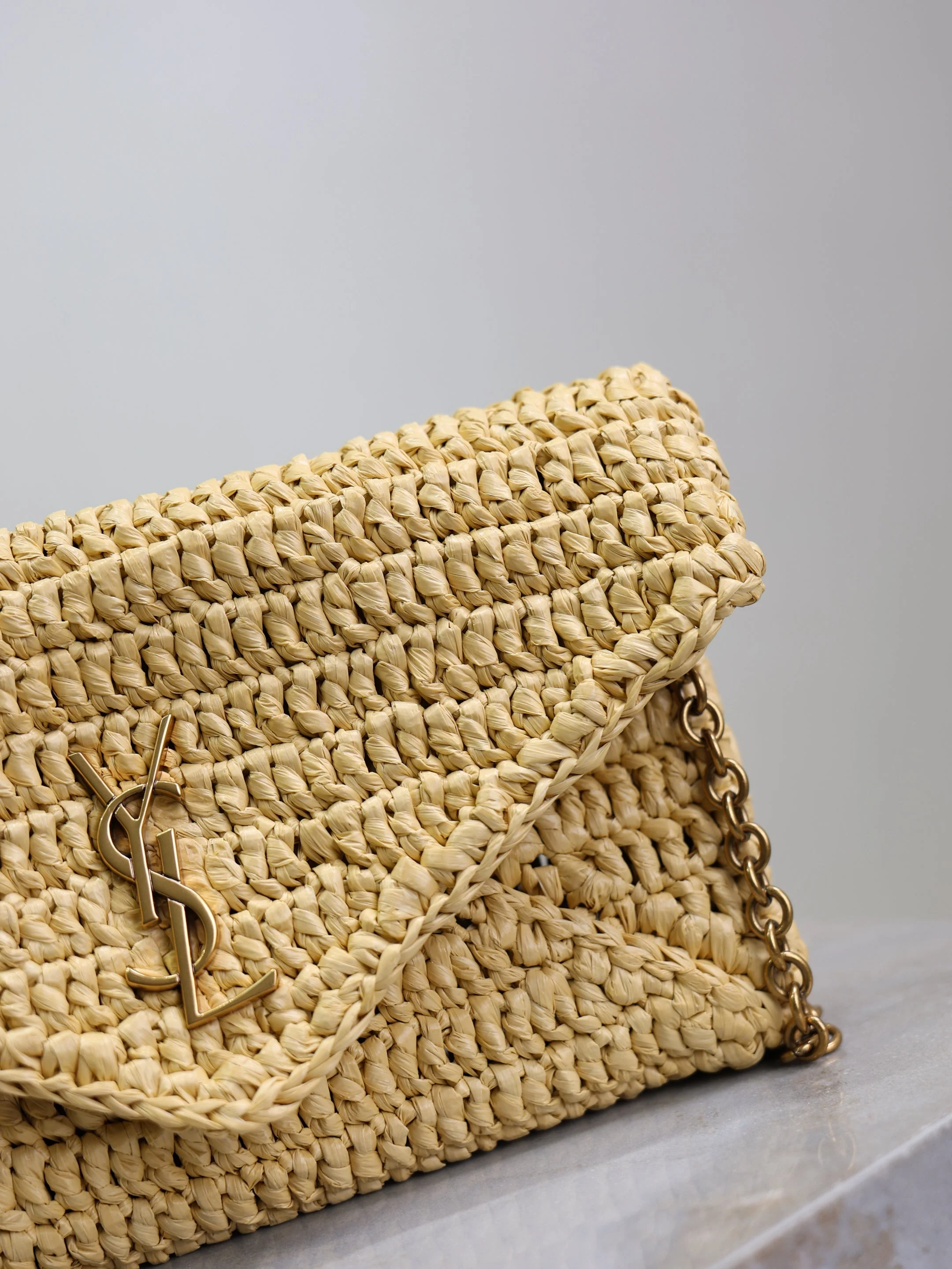 Saint Laurent YSL Calypso Bag 19cm Beige Raffia Leather