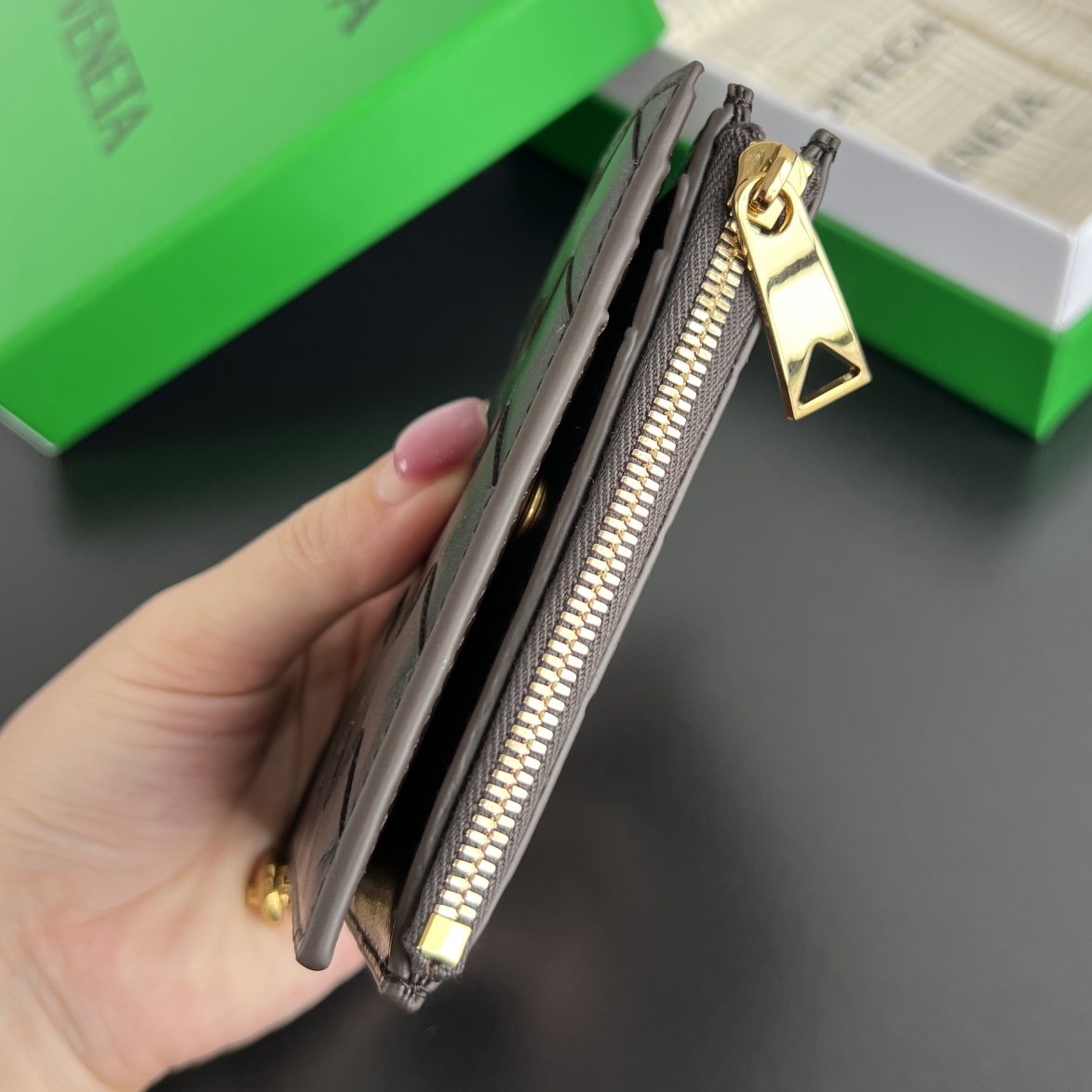 Bottega Veneta Solstice Small Folded Wallet in Chocolate Intreccio Leather