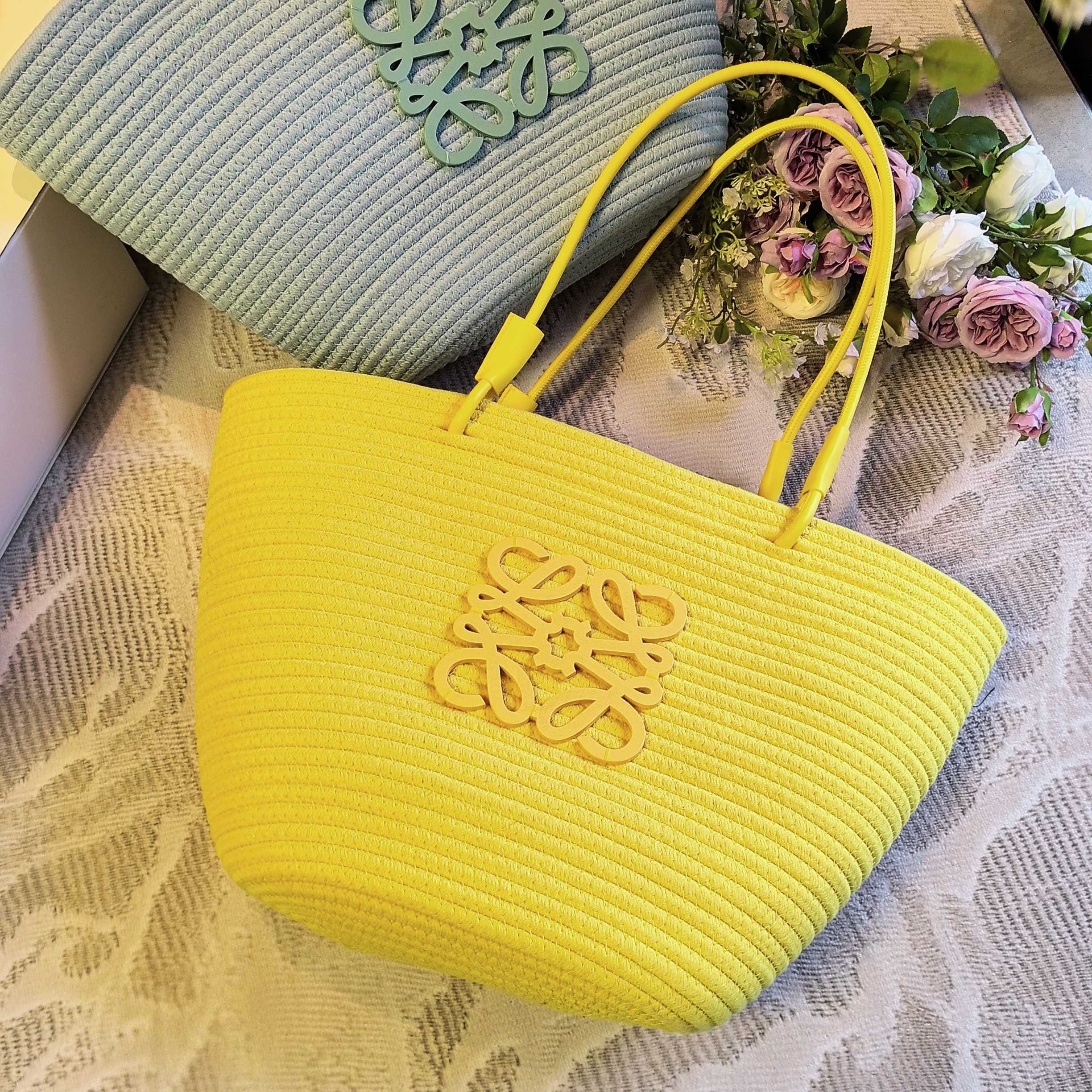 Loewe Paula's Ibiza Small Yellow Hand-woven Iraca Palm Leather Anagram Tote Basket Bag - KAIROO