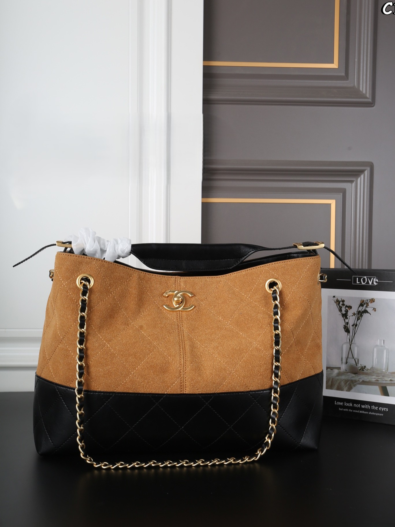Chanel 25A Large Gabrielle Suede Quilted Leather Handle Turn Lock Hobo Bucket Tote Bag - KAIROO