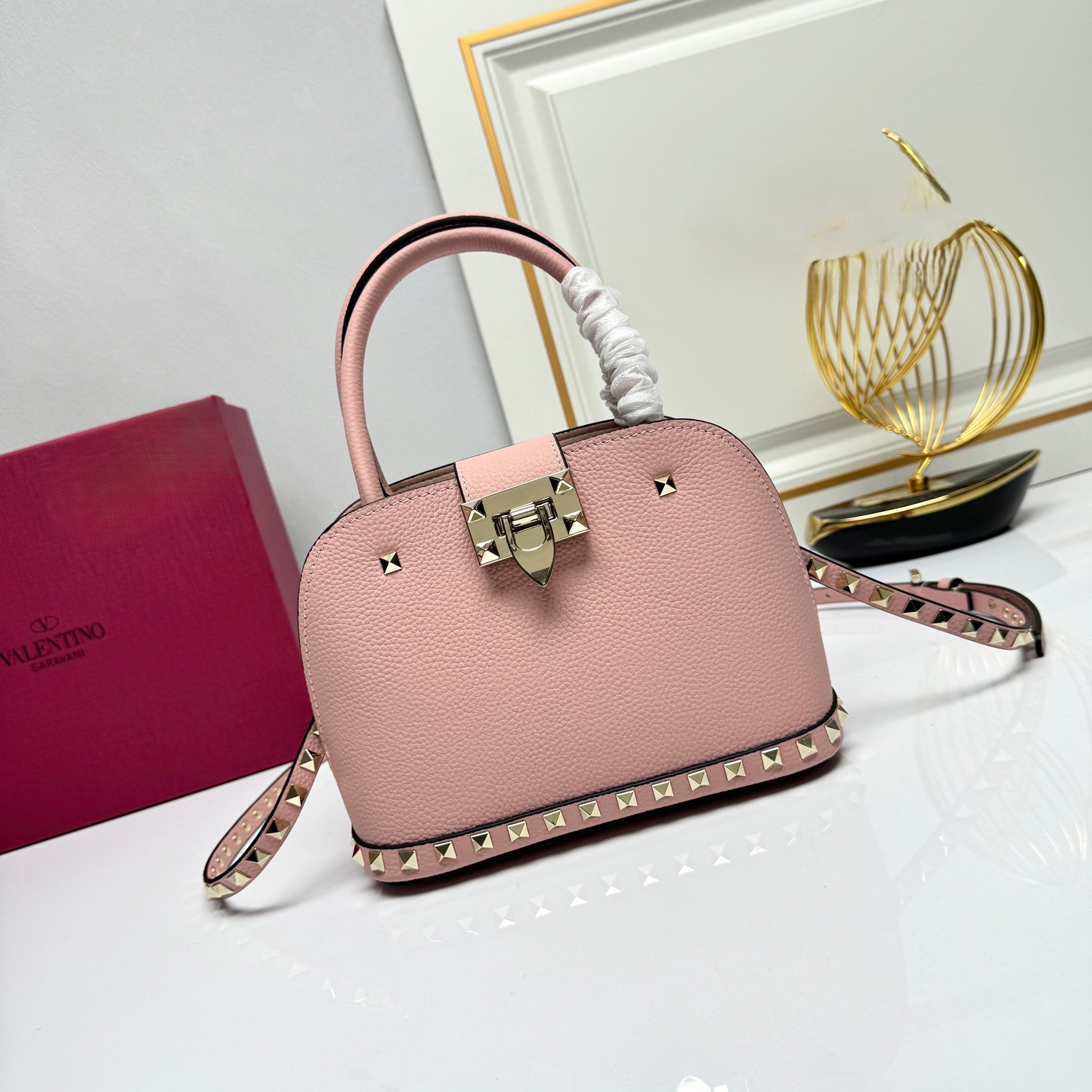 Valentino Rockstud Pink Grained Leather Studded Flip-lock Handle Crossbody Dome Bag - KAIROO