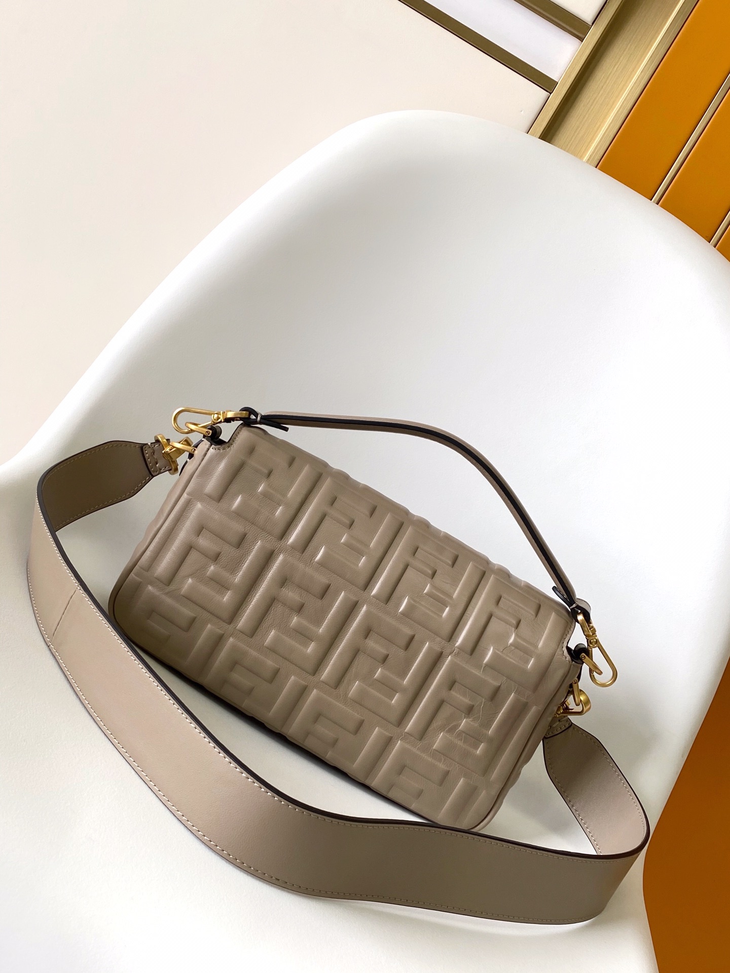 Fendi Medium Baguette FF Embossed Leather Bag-Grey