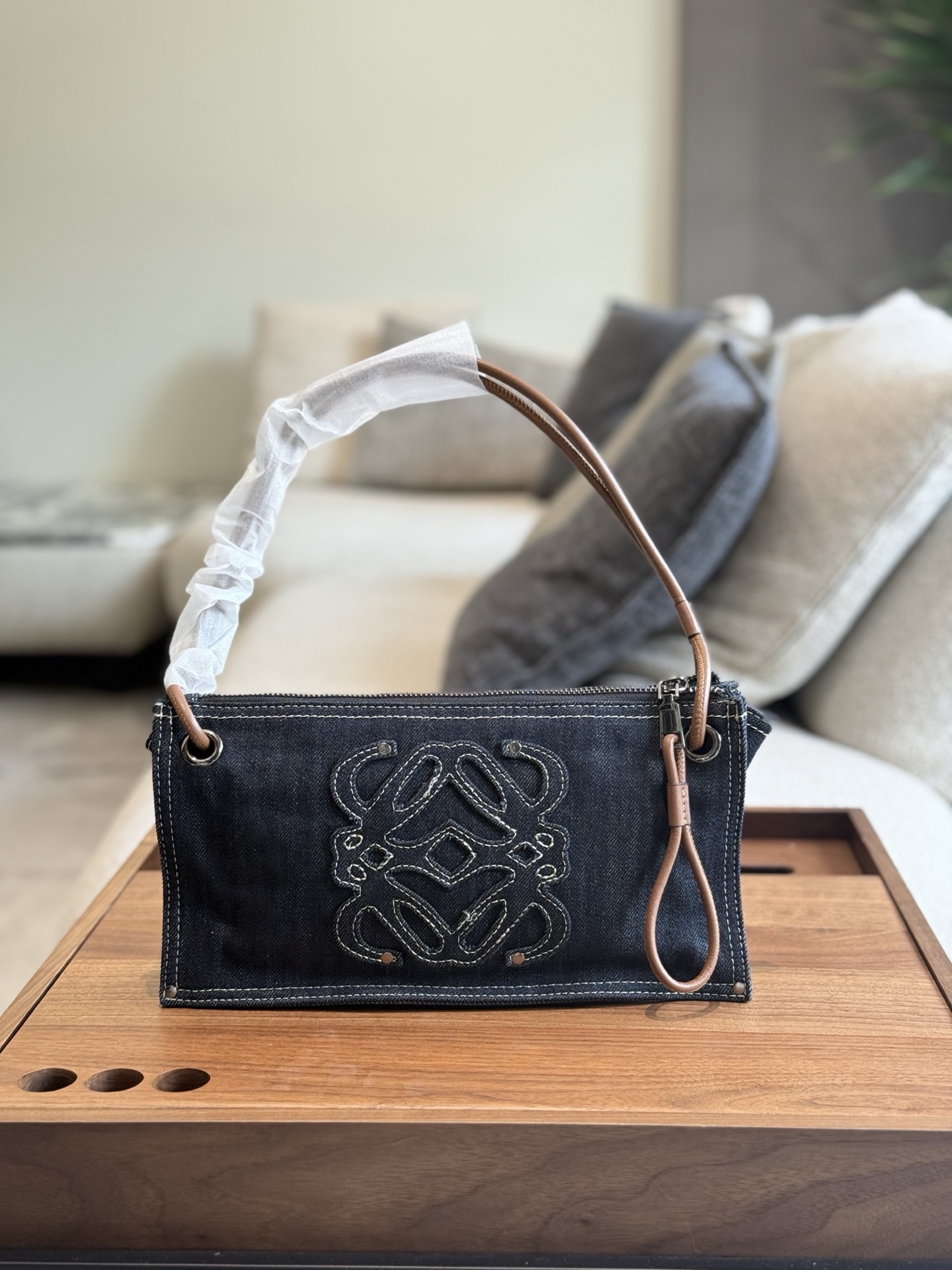 Loewe Font Small Pochette Anagram Denim Leather Strap Stitched Logo Horizontal Hobo Shoulder Bag - KAIROO