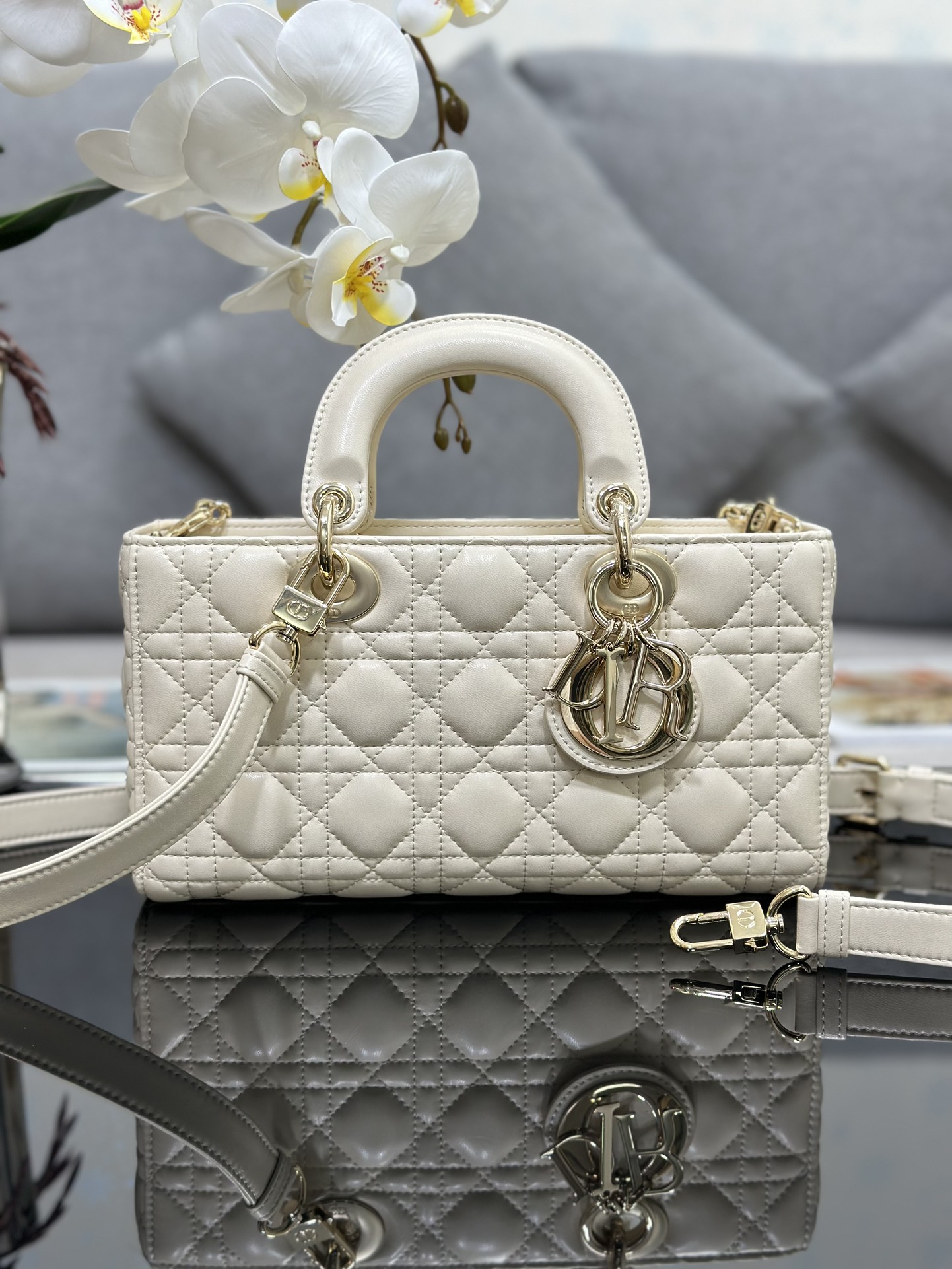 Dior Medium Lady D-Joy Bag in Powder WhiteCannage Lambskin