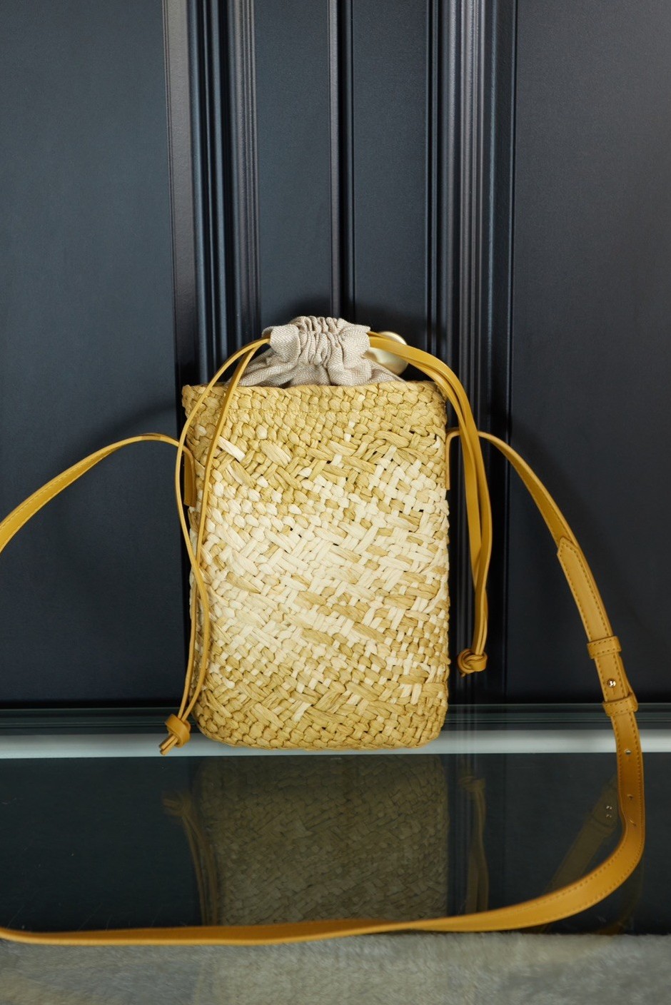 Loewe Yellow Paula's Ibiza Woven Elephant Grass Leather Anagram Drawstring Bucket Bag - KAIROO