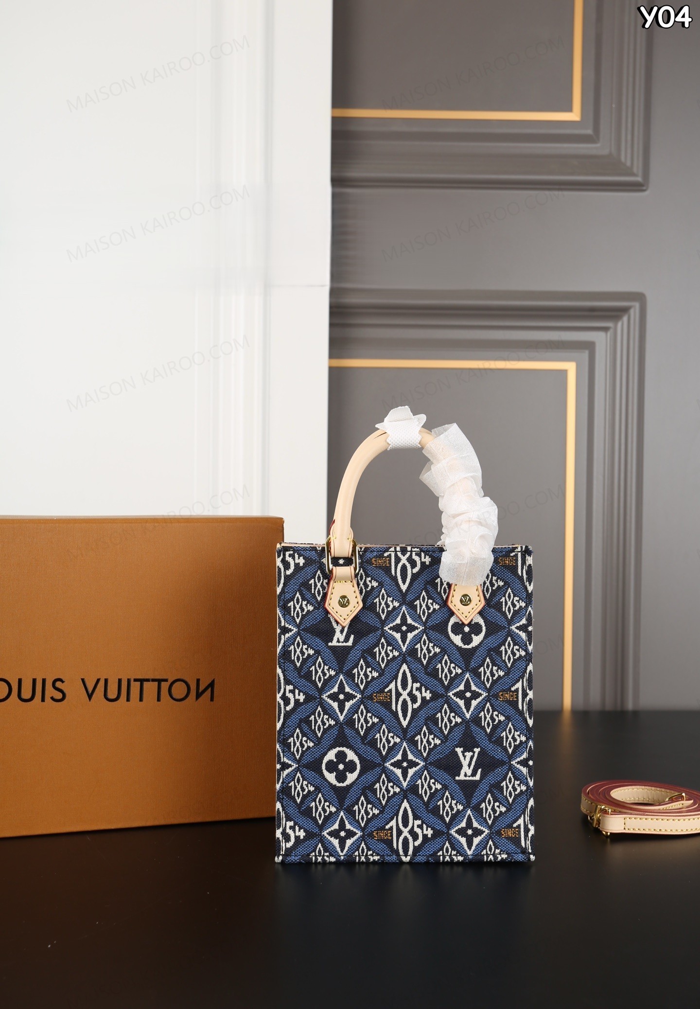Louis Vuitton LV Petit Sac Plat Mini Since 1854 Blue Jacquard Denim Leather Vertical Crossbody Tote Bag - KAIROO