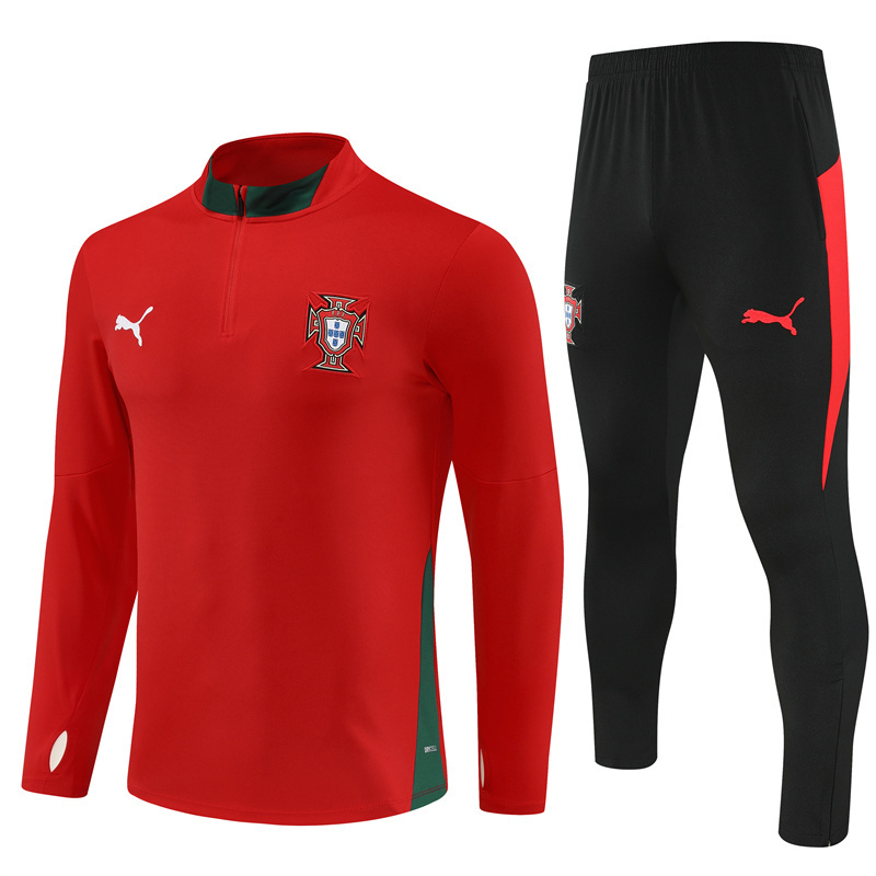 Adult/ Kids 2526 Portugal half zipper Training suit Red