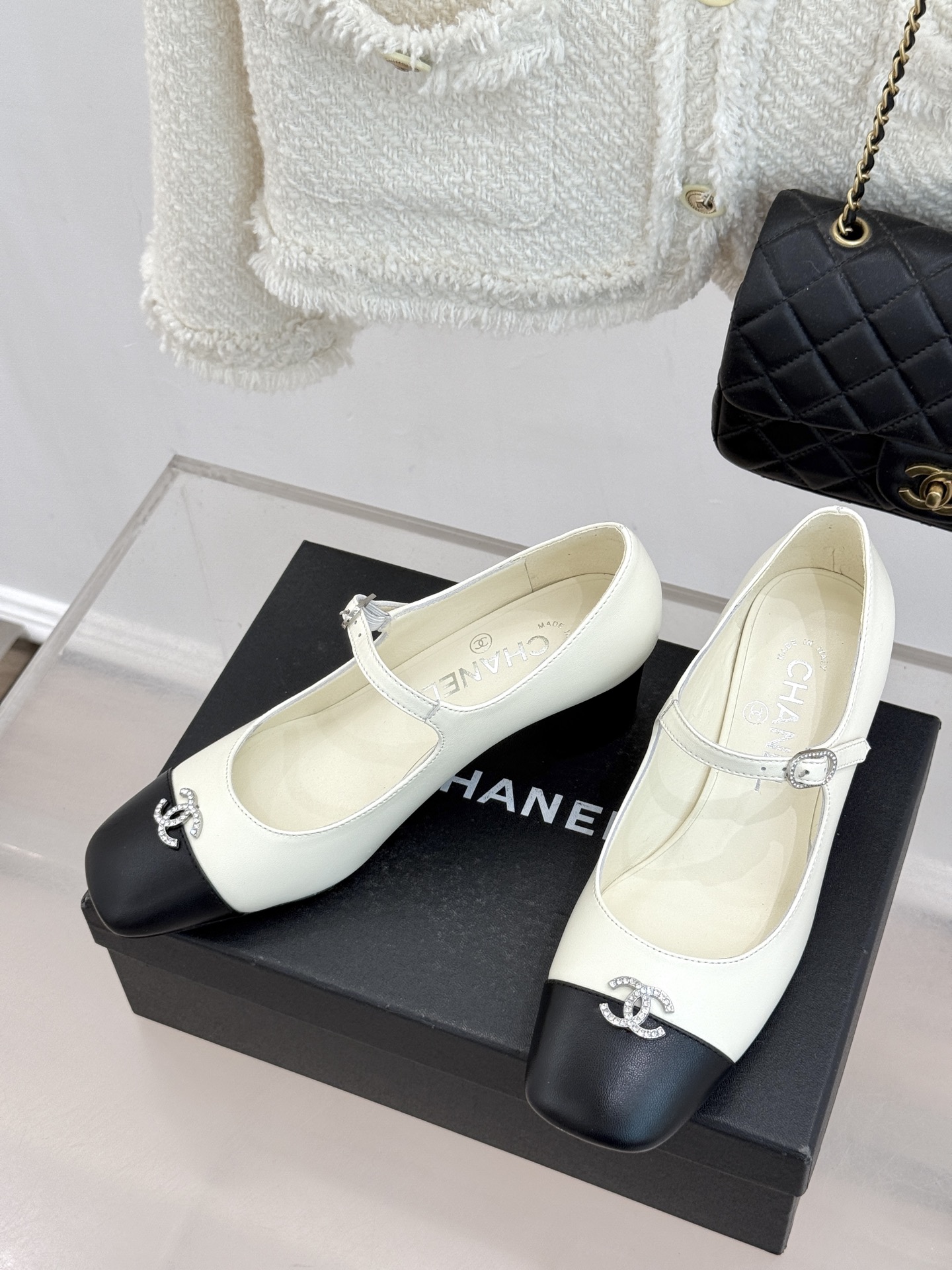 Chanel Two-Tone Cap Toe Crystal CC Logo Lambskin Block Heel Mary Janes - KAIROO