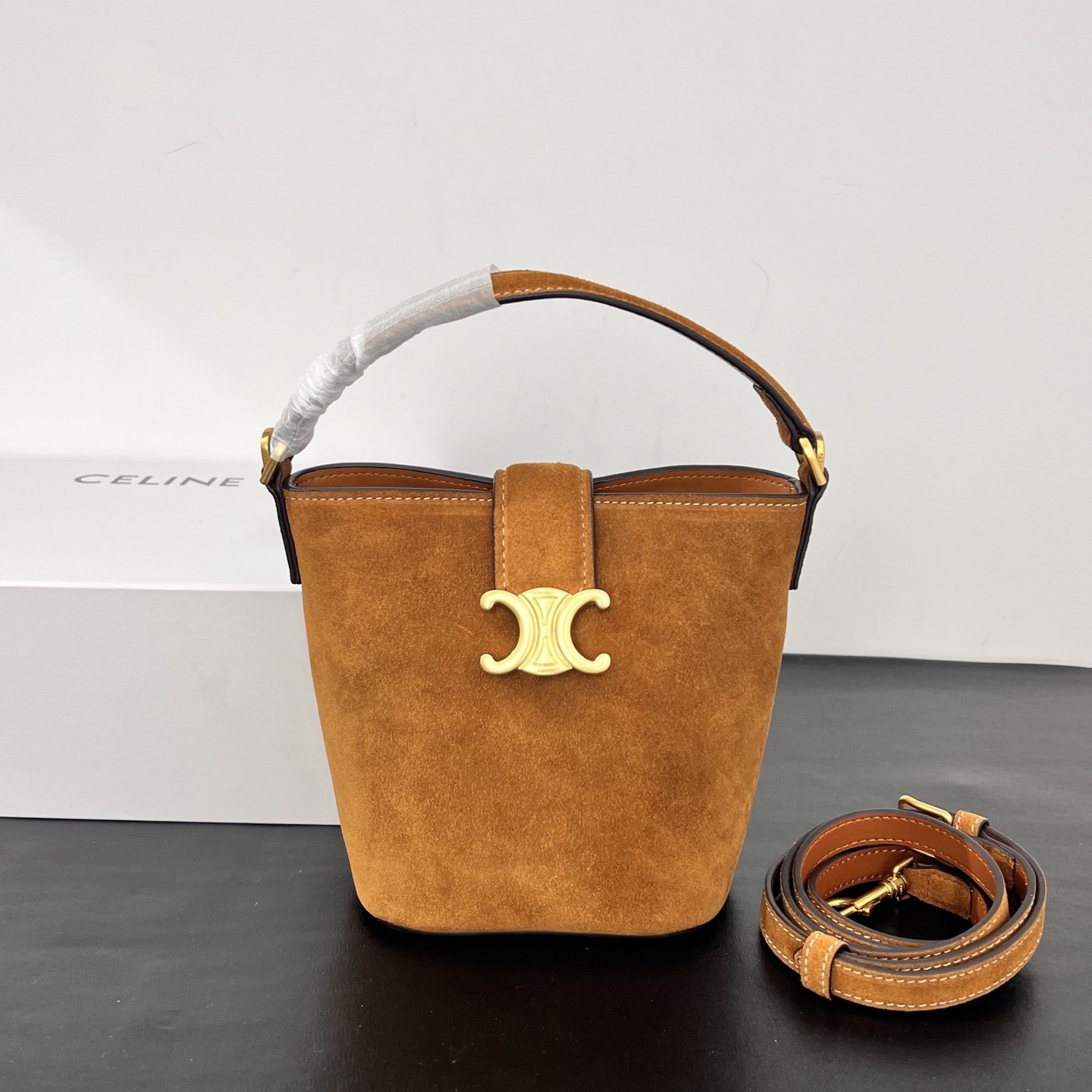 Celine Amber Suede Leather Gold Triomphe Buckle Lock Adjustable Strap Bucket Bag - KAIROO