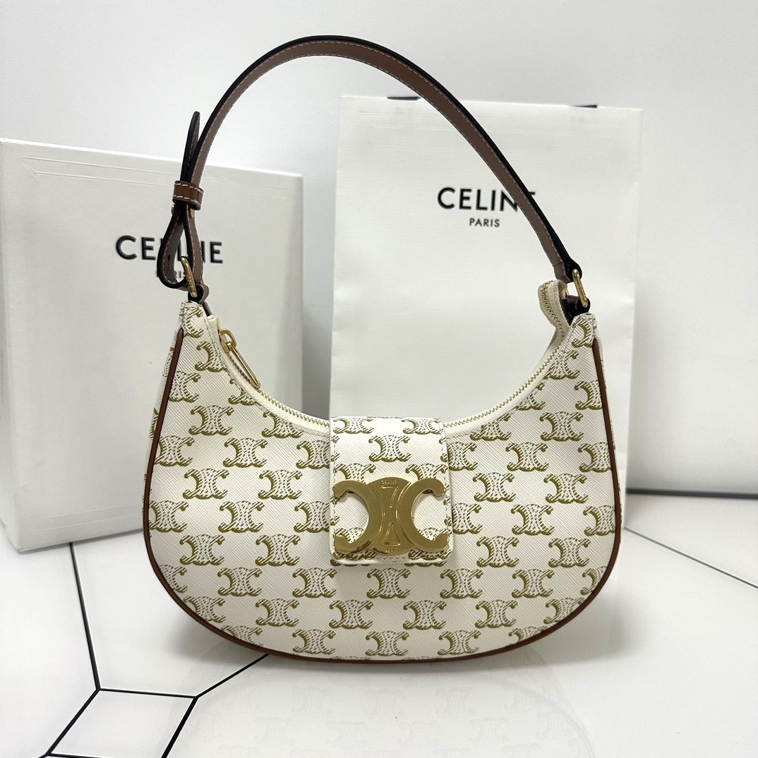 Celine Monogram Signature Print Leather Triomphe Magnetic Gold Buckle Zip Moon Hobo Bag - KAIROO