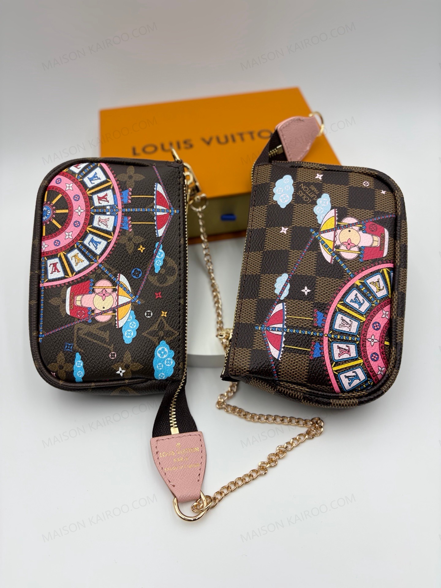 Louis Vuitton LV Mini Pochette Vivienne Christmas Ferris Wheel Brown/Damier Ebene Monogram Chain Pouch Bag - KAIROO