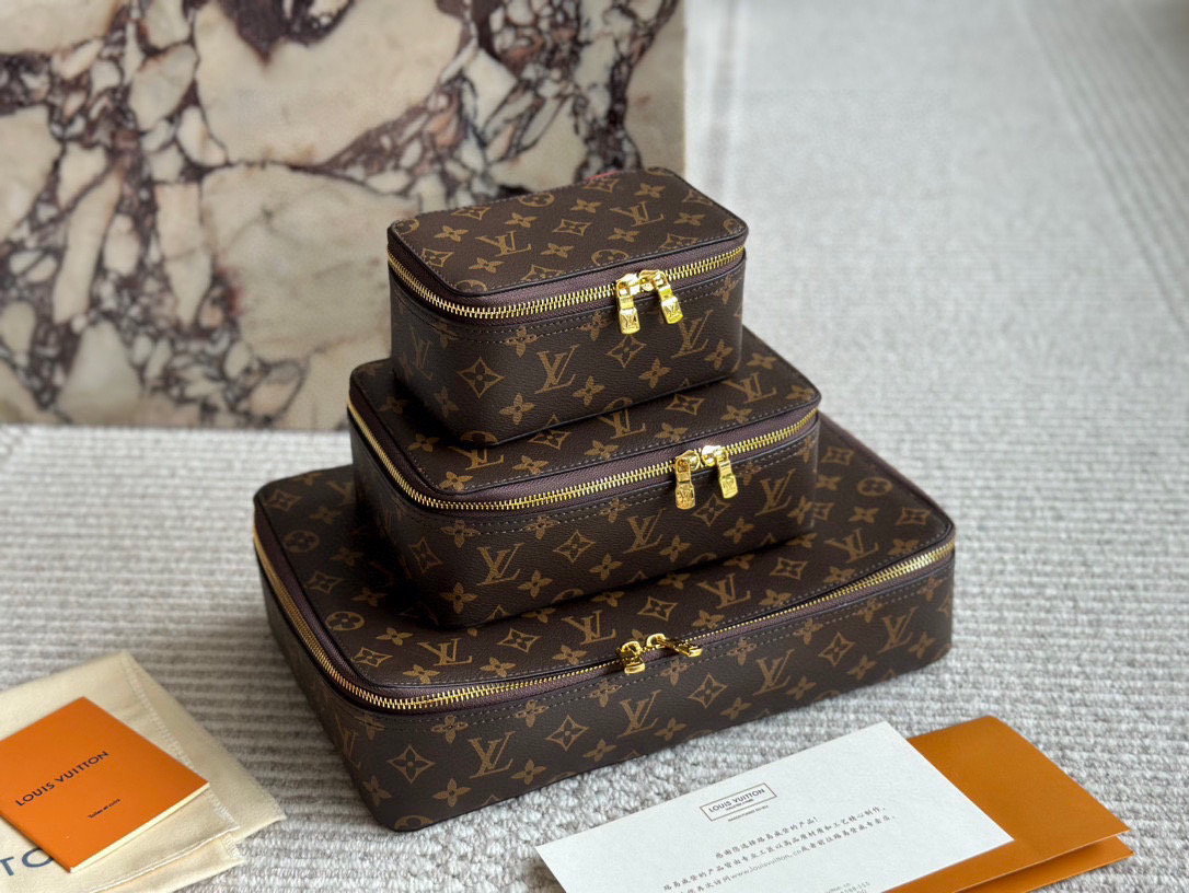 Louis Vuitton LV Monogram Brown Canvas Pink Lining Nice Vanity Jewelry Case Travel Top Handle Bag - KAIROO
