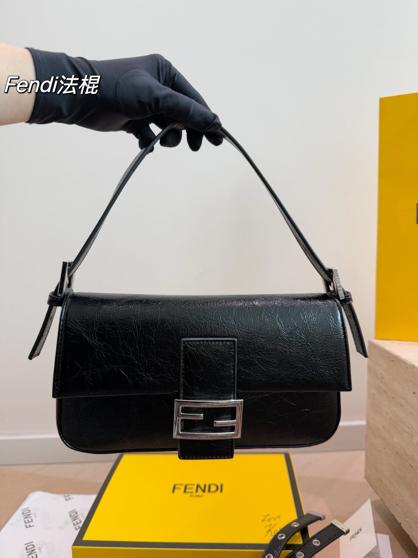 Fendi Baguette Shiny Crinkled Leather Silver-Tone Shoulder Bag - KAIROO