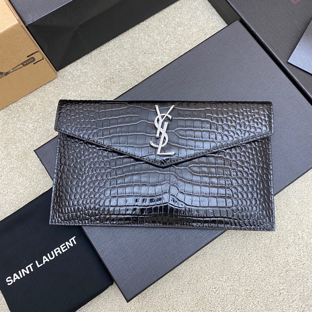 Saint Laurent BlackUptown Small Clutch in Crocodile Embossed leather
