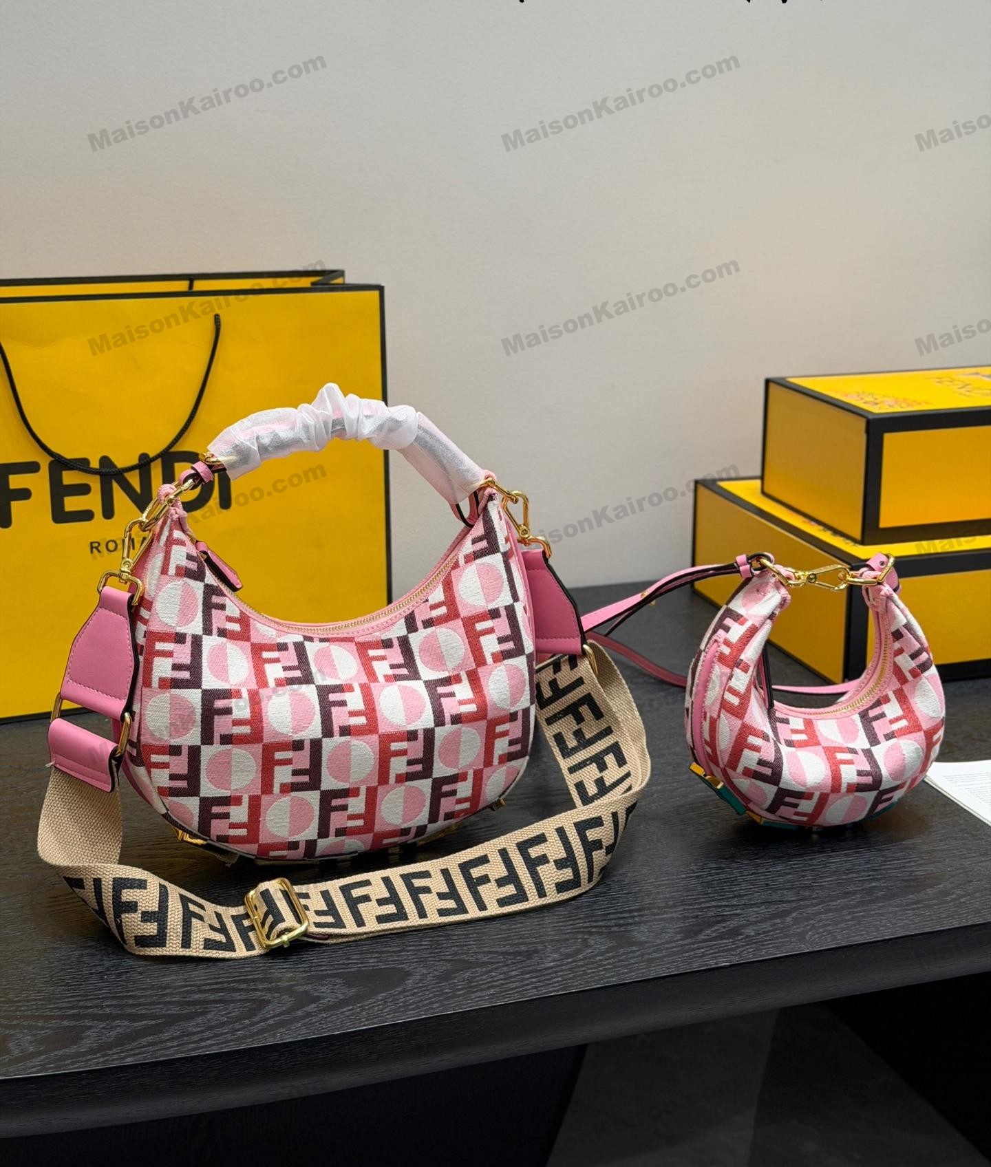 Fendi Fendigraphy FF Mini & Small White Base Pink Circle Print Bottom Logo Shoulder Bag - KAIROO