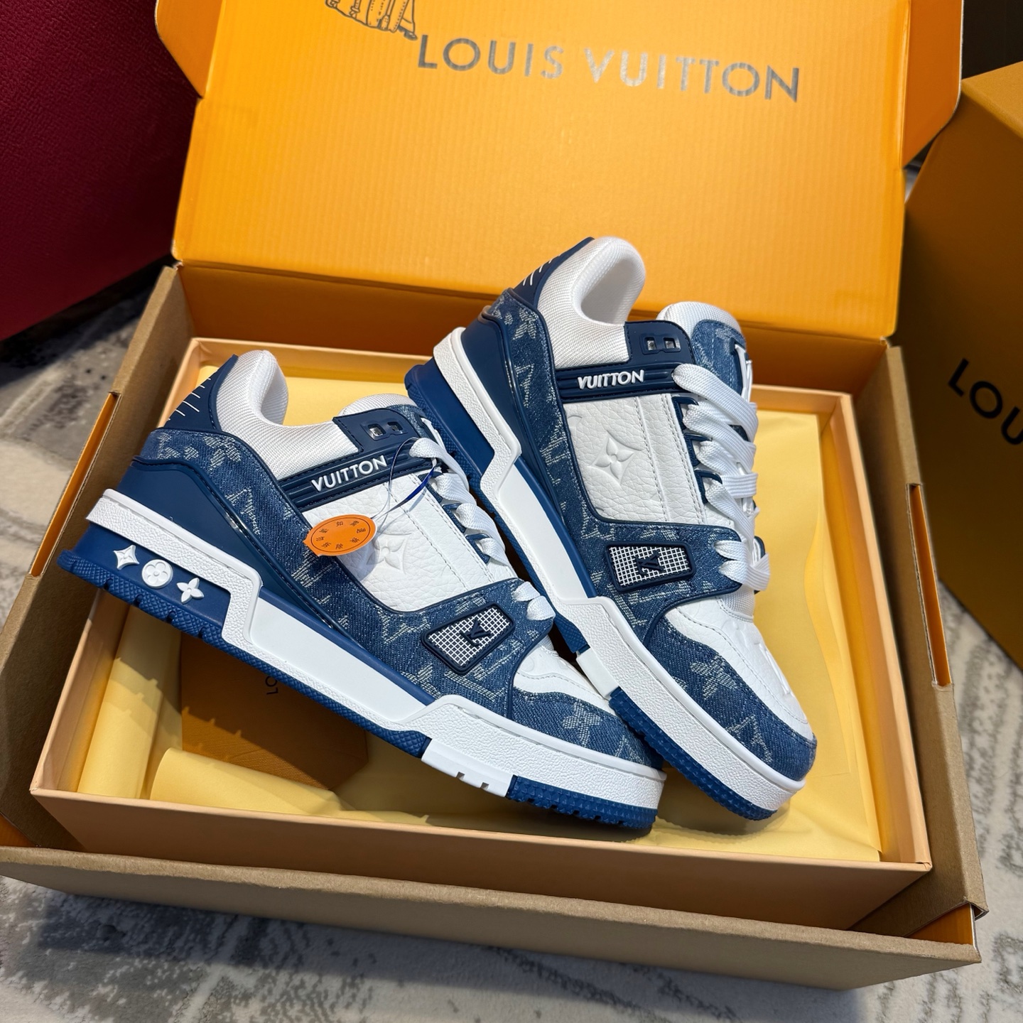 Louis Vuitton Monogram Jacquard Blue& Black& Grey Denim Grained Leather Trainer Skate Sneakers - KAIROO