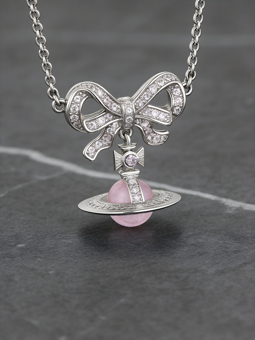 Trendy Bow & Orb Pendant Necklace for Women – Silver-Tone Chain with Pink Crystal Accent, Y2K Aesthetic Jewelry for Party & Daily Wear