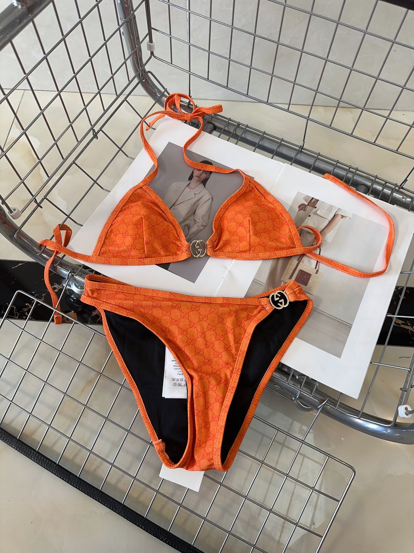 Gucci Orange GG Monogram Print Interlocking G Ring Triangle Bikini Two-Piece Swimwear - KAIROO