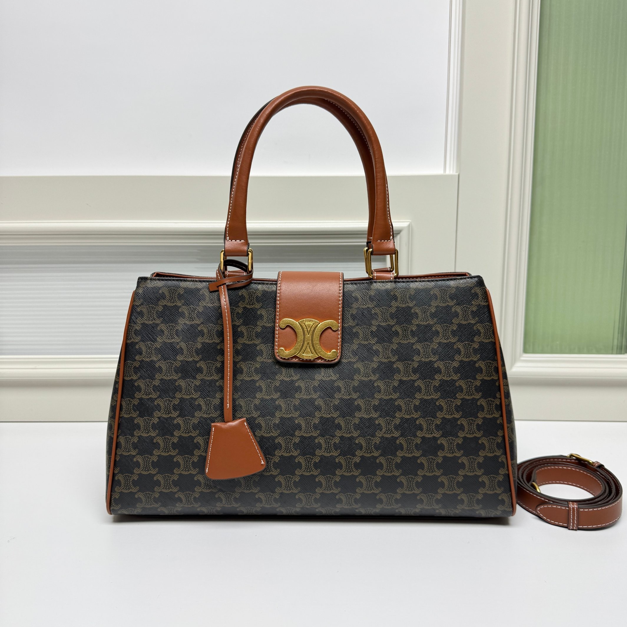 Celine Large Tan Triomphe Monogram Canvas Metallic Closure Briefcase Doctors Bag - KAIROO