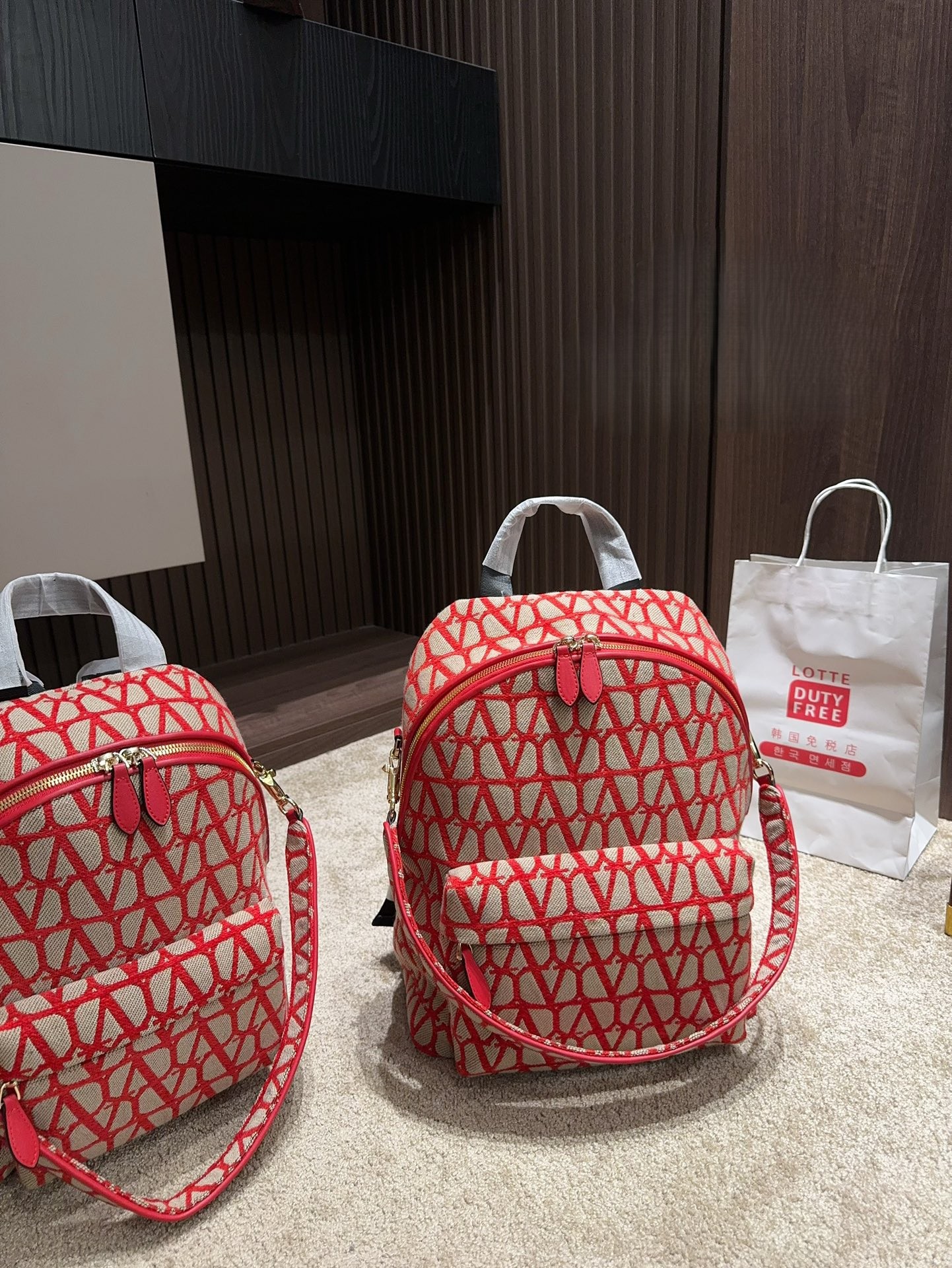 Valentino Iconographe Red Monogram Canvas Leather Trim Shoulder Straps Tech Fabric Backpacks - KAIROO