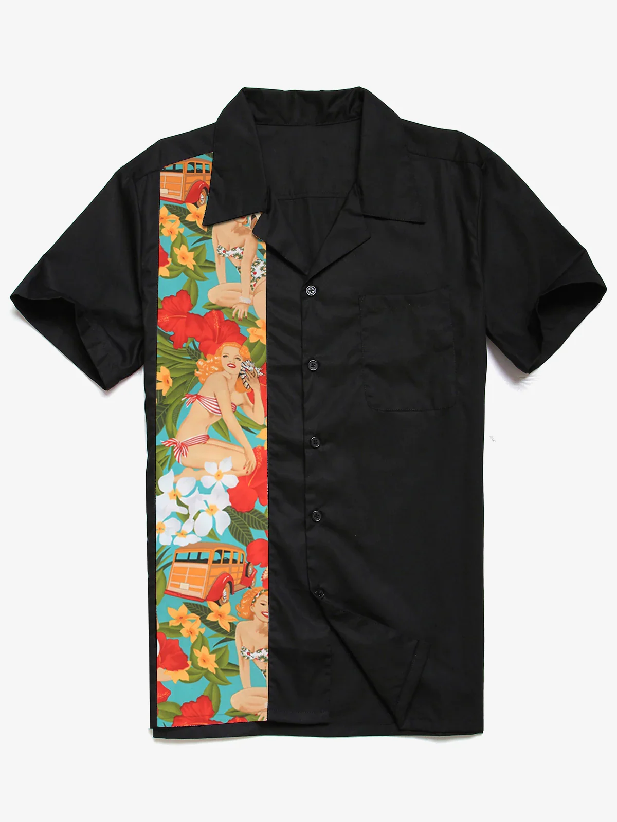 Men's Vintage Cotton Pocket Summer Bowling Beach Short Sleeve Shirt