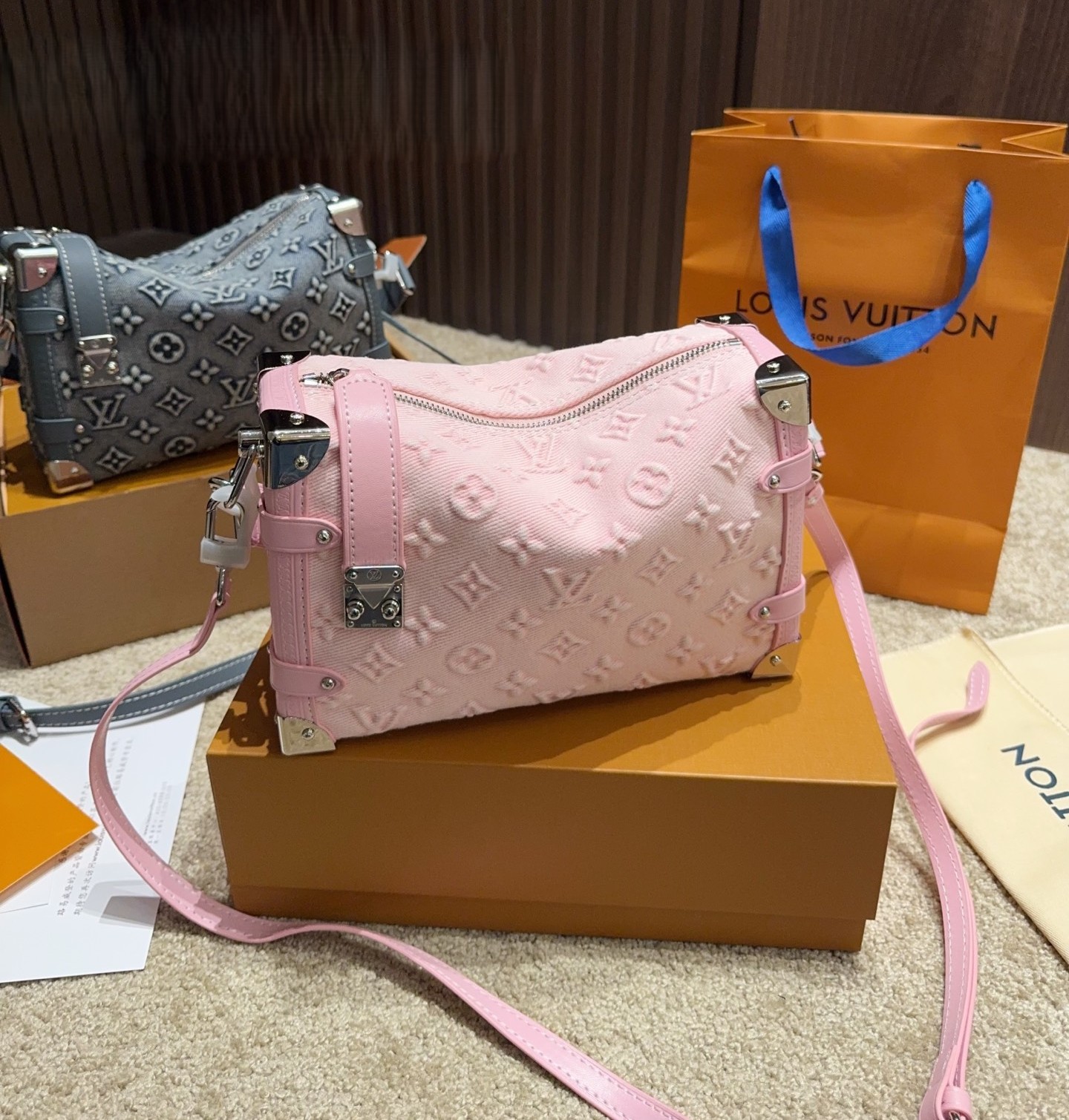 Louis Vuitton LV Side Trunk MM Solid Pink Monogram Embossed Denim S-Lock Soft Shoulder Bag - KAIROO