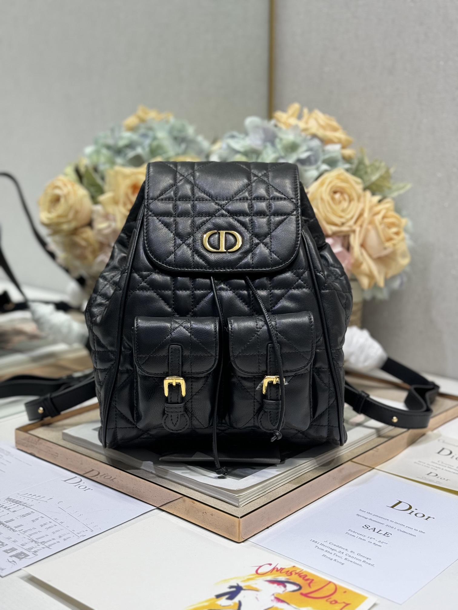 Dior Caro Medium Backpack in Black Cannage Calfskin