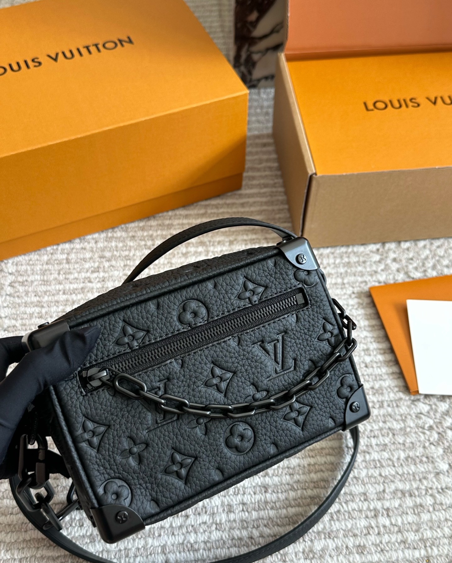 Louis Vuitton LV Mini Soft Trunk All Black Embossed Monogram Grained Leather Chain Shoulder Bag - KAIROO