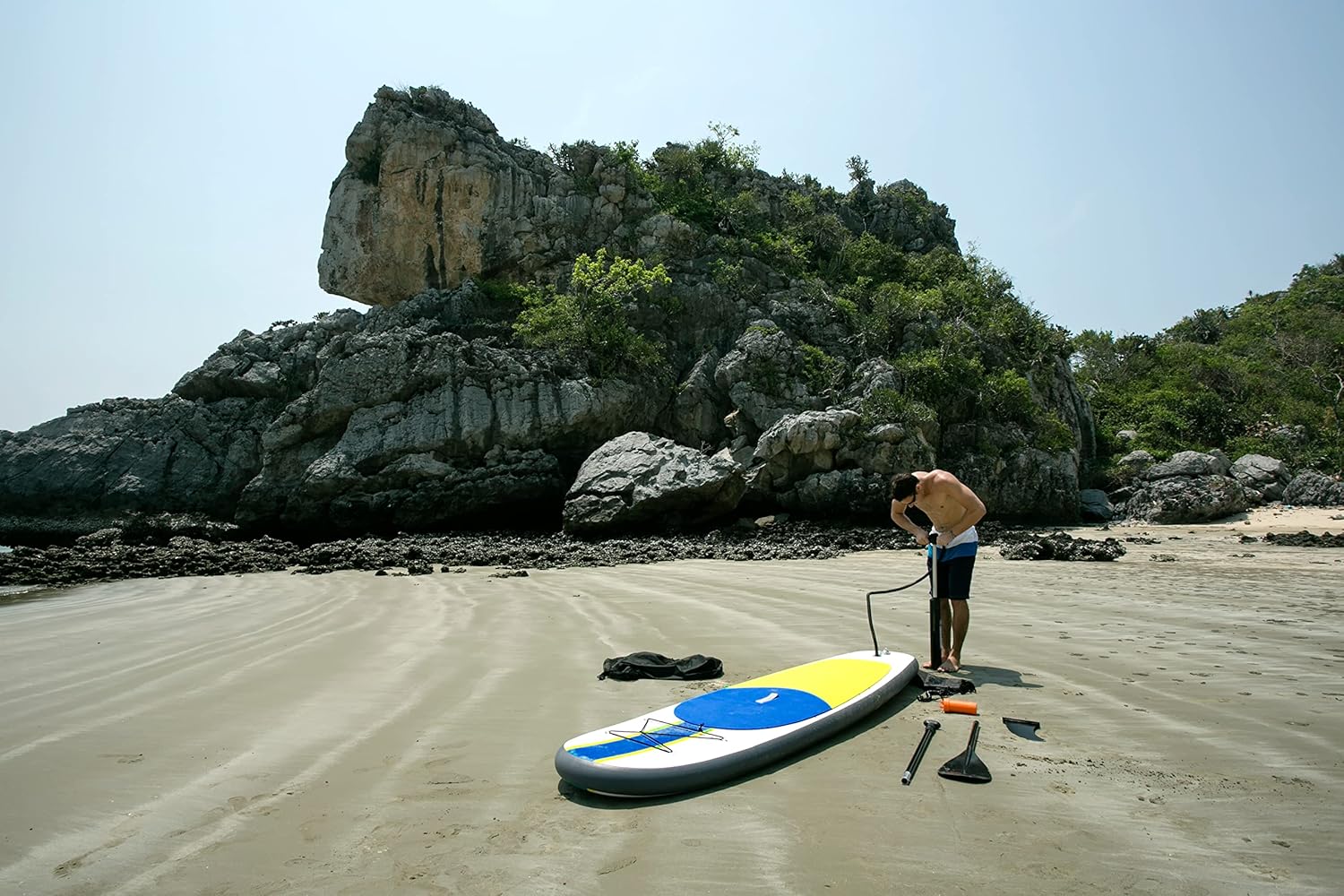 Blue Water Toys Inflatable Crossover Stand Up Paddle Board/Kayak Kit - Pump, Backpack, Coil Leash, Paddles, Detachable Seat, SUP 300 Pound Limit, 10 Feet by 32 Inches