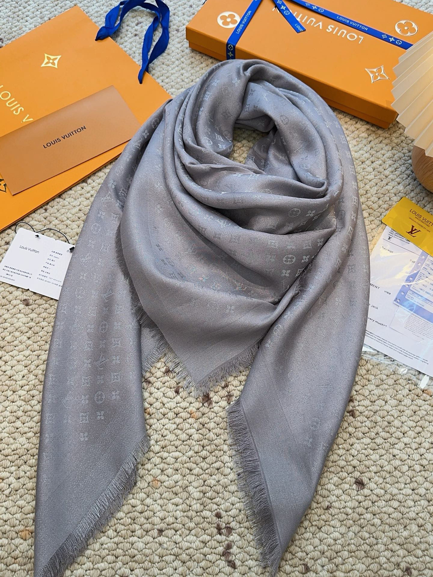 LV Classic Monogram Moonlight Silk and Wool Shawl