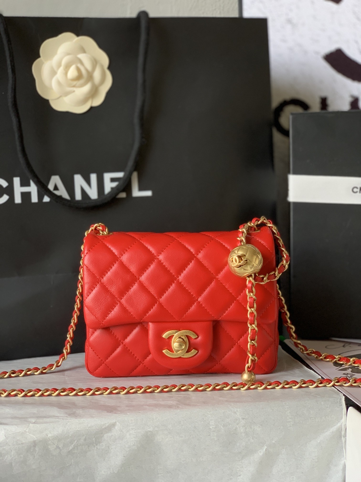 Chanel Mini Square CF 17CM Gold Ball Pearl Crush Quilted Leather Flap Chain Shoulder Bag - KAIROO