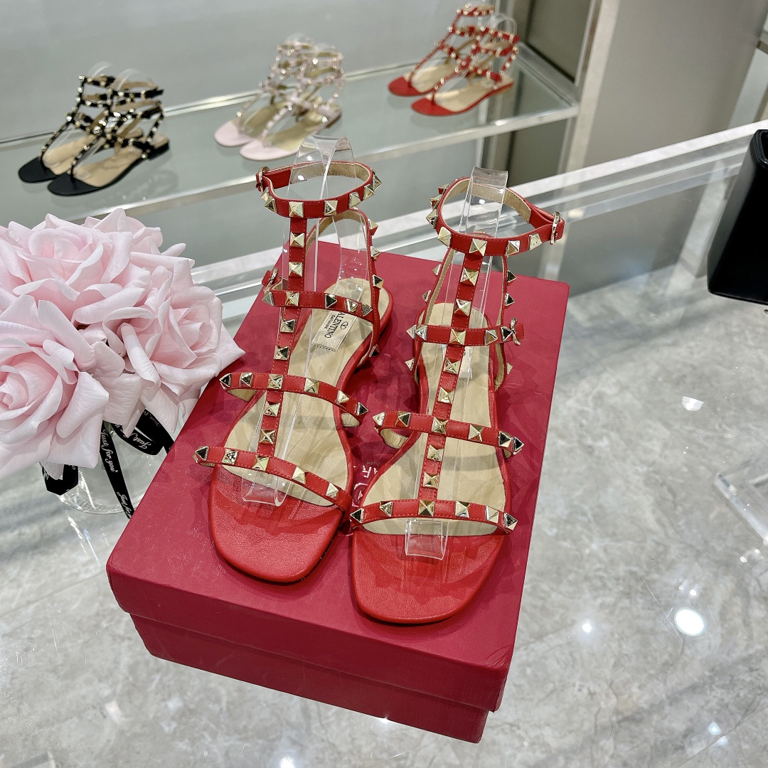 Valentino Rockstud Red Leather Cage Triple Buckle Multi-Strap Studded Flat Sandals - KAIROO