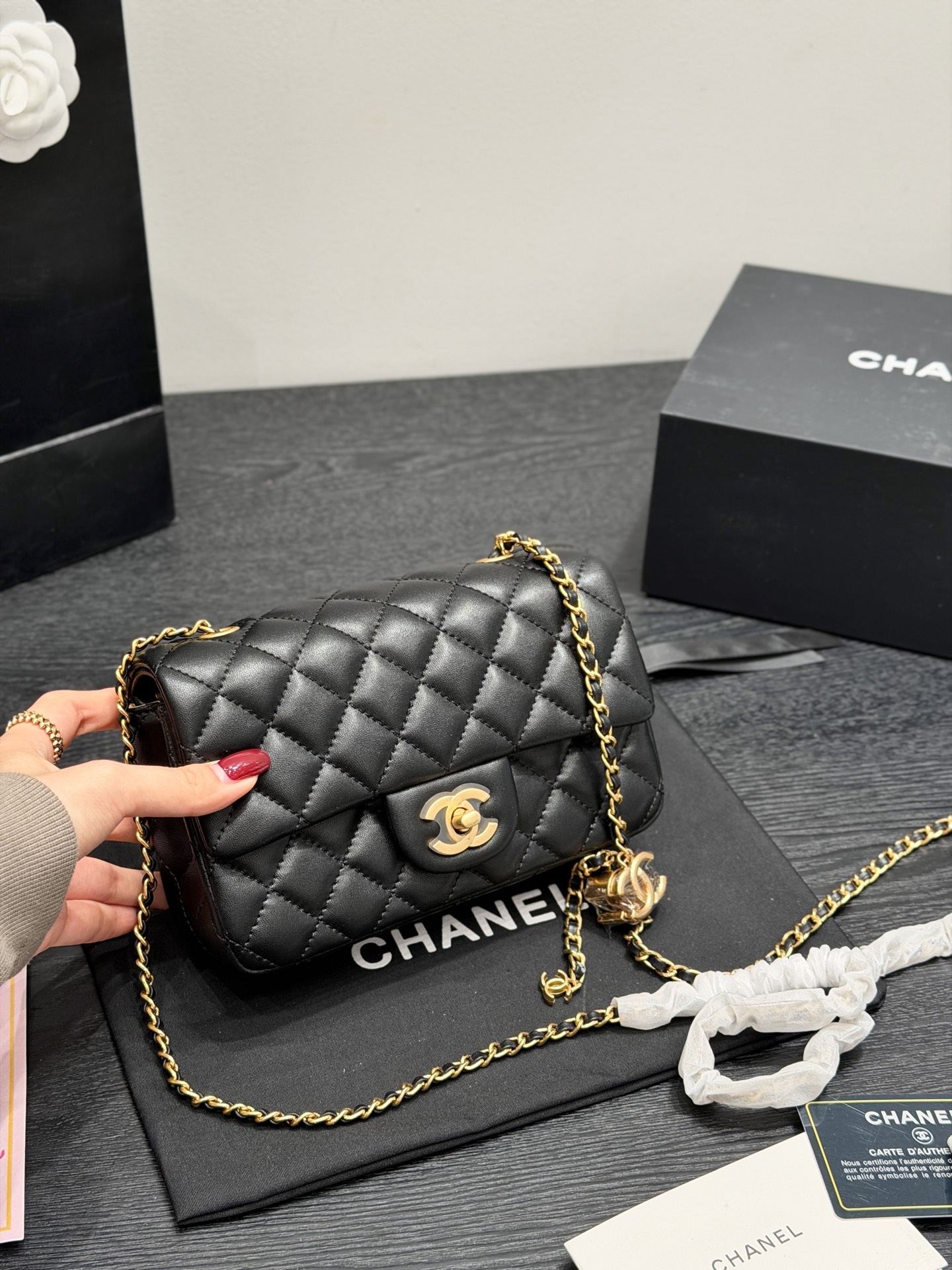 Chanel CF Mini Square 20CM/17CM Quilted Leather Adjustable CC Ball Pearl Crush Chain Shoulder Bag - KAIROO