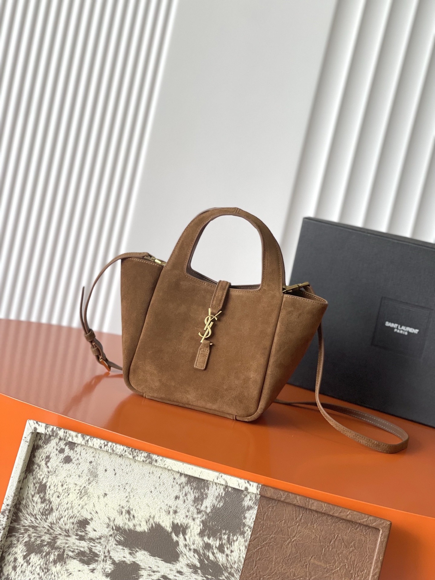 YSL Saint Laurent LE 5 À 7 BABY BEA in Suede-Caramel Cognac 872469