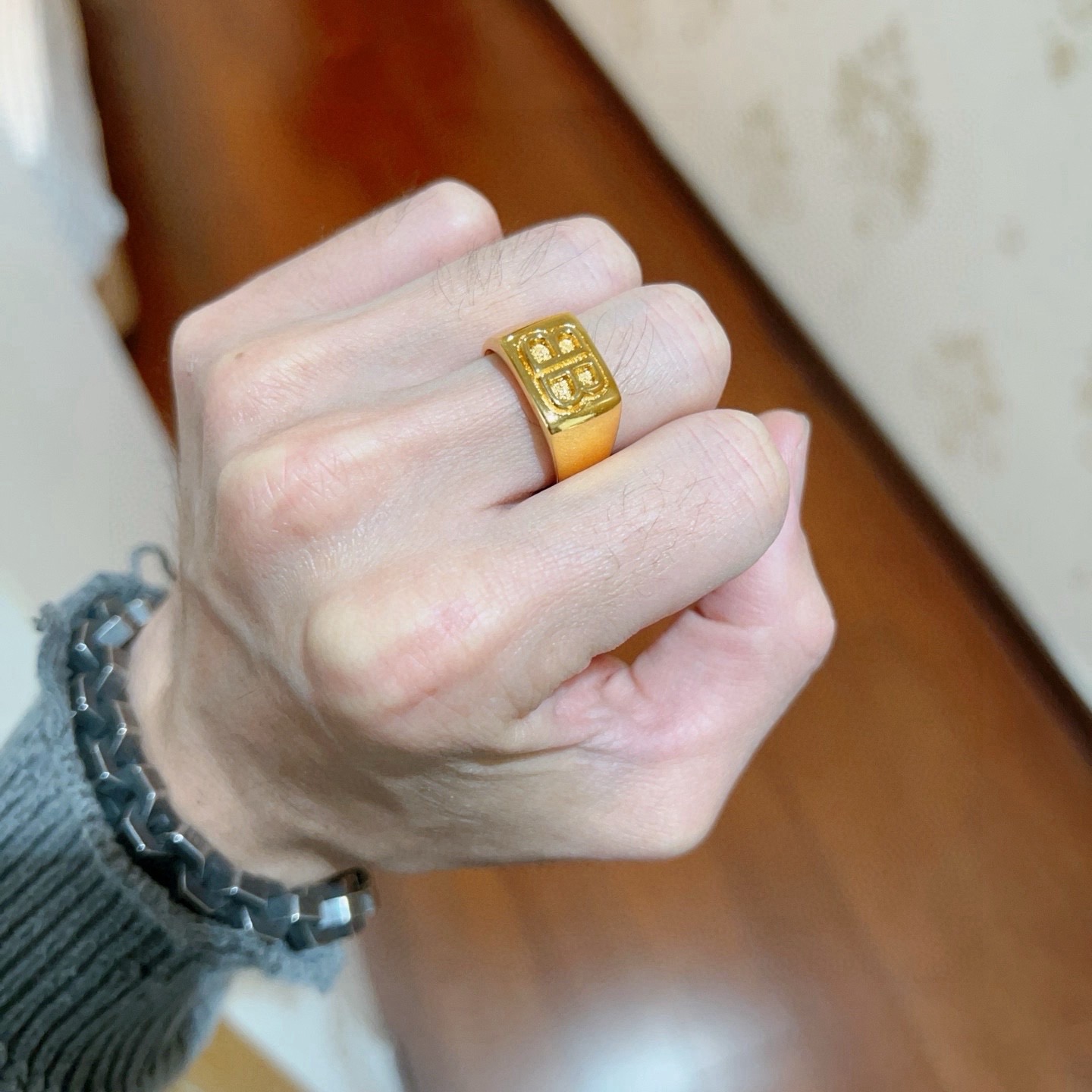 Balenciaga BB Icon Embossed Square Face Gold Tone Signet Ring - KAIROO