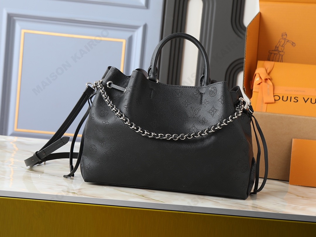Louis Vuitton LV Mahina Bella Tote Black Perforated Monogram Leather Drawstring Bucket Top Handle Bag - KAIROO