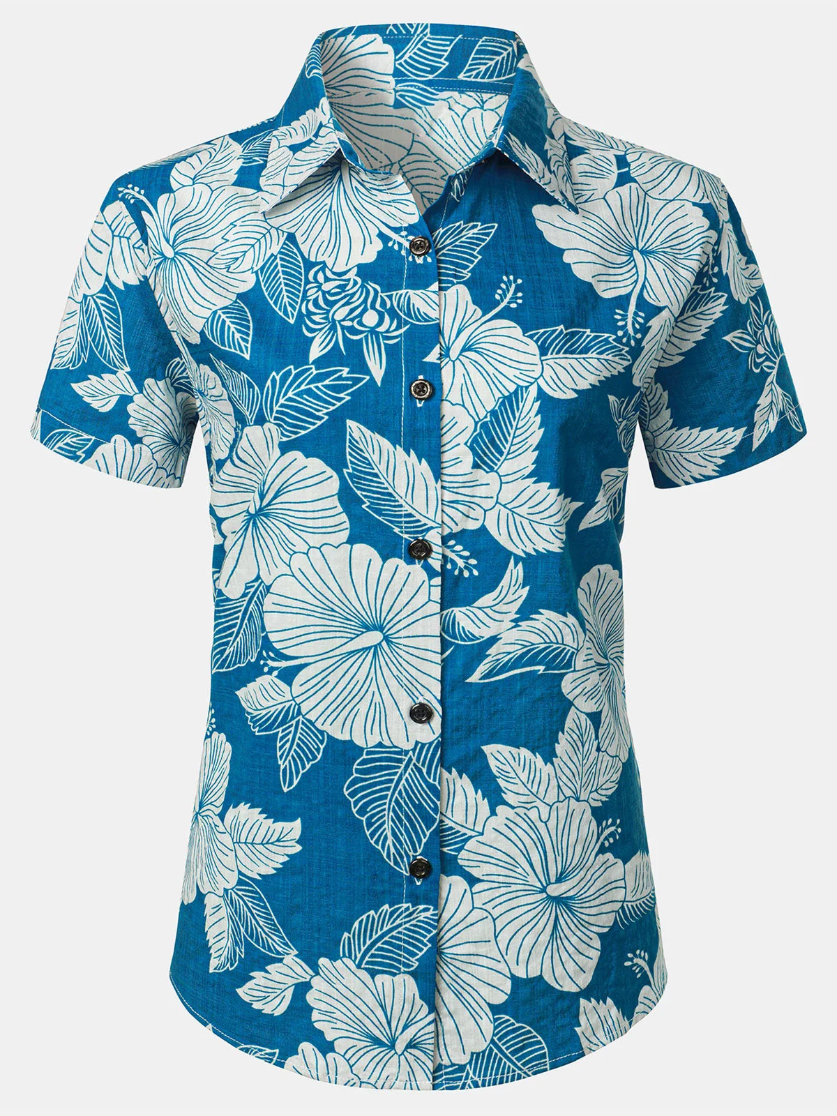 Women's Blue Floral Print Cotton Aloha Hawaiian Beach Summer Short Sleeve Shirt